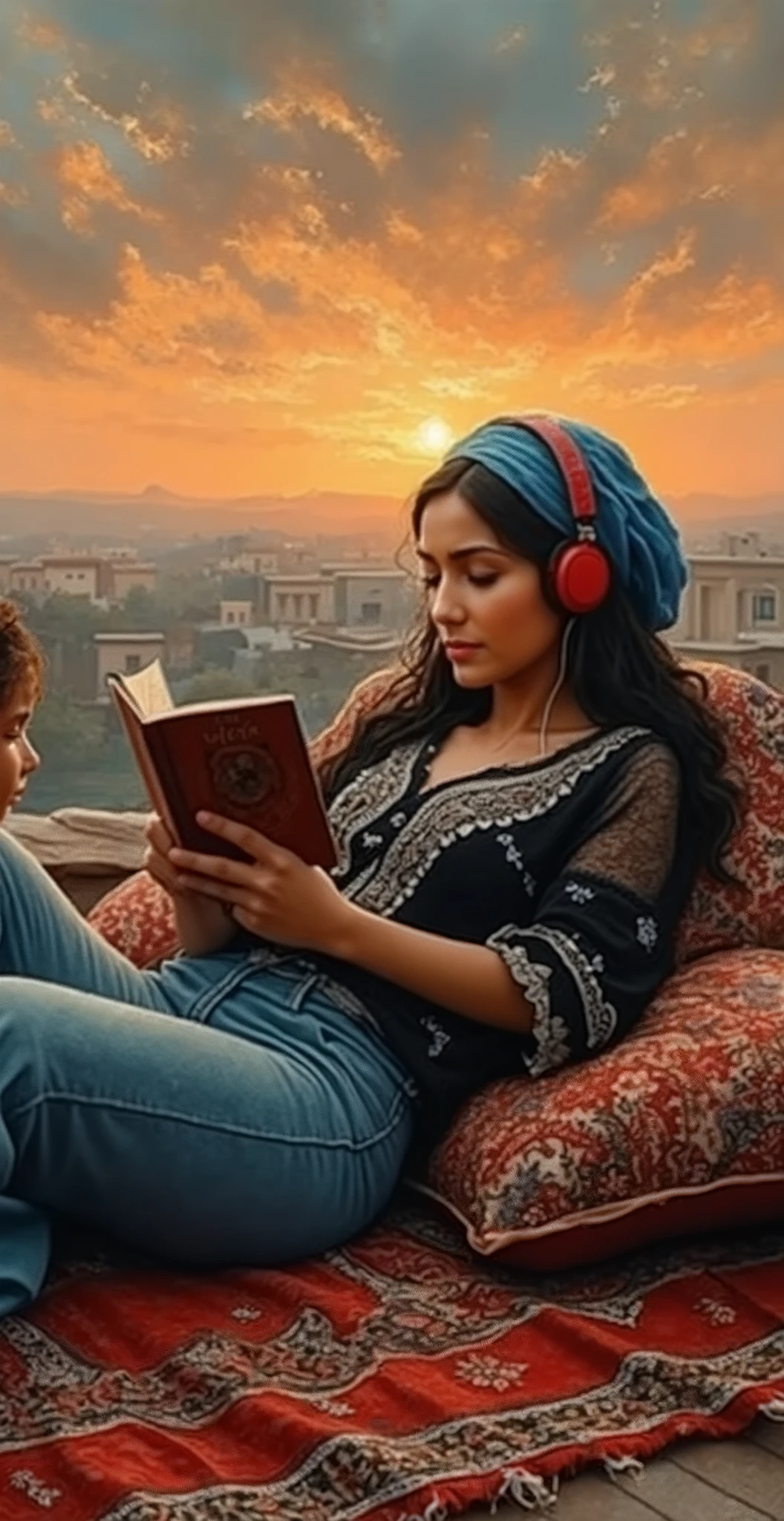 created a painting with oil painting with huge details , In the style of the artist Leonardo Davinci , In the era of the European renaissance ,  A fully detailed painting of an Arab woman lying on the roof of the house on an Arabic carpet, holding a book in her hand, reading a story to her little girl with curly red hair and looking half a smile at the sky during the sunset.. Decorated pillows surround her, her thick black hair has a blue turban on it. Her hair falls on her shoulders as if it is shiny silk .
The woman wears jeans, a black lace shirt decorated in white and red, red headphones and a black sock. She rests on an embroidered pillow. At the back, we see distant houses with their windows illuminated, a picture that seems cinematic, and the angle of view from the front 
