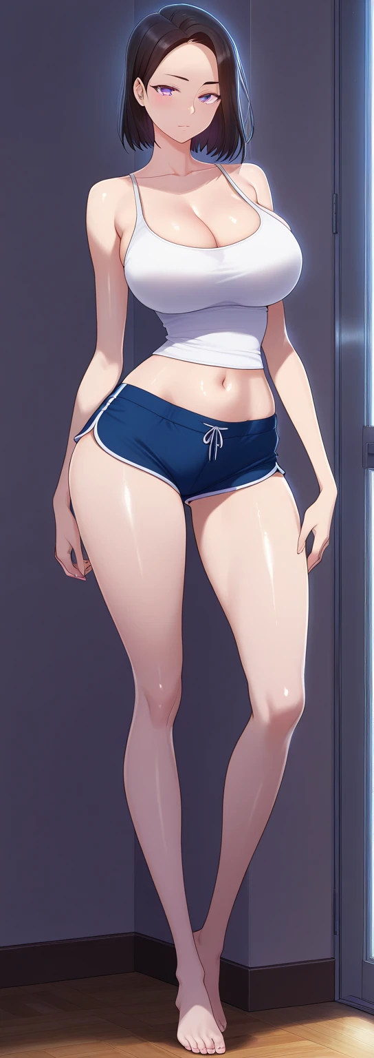 best quality,masterpiece,shiny blonde,blue eyes,foodie
clothes, look down on, whole body,hair strand,Fair skin,short bob,white bikini swimsuit,wet through,undressing clothes,french braid,blushing and red,swimsuit is traslusent,blunt bangs,hairline is black,headband,simple necklace,hoop earrings,small breasts,indoor,locker room,chaise longue,gladient hair,sandals,slender body,spread legs,smile gently,camel toe,Swimsuit that looks like it's about to come off