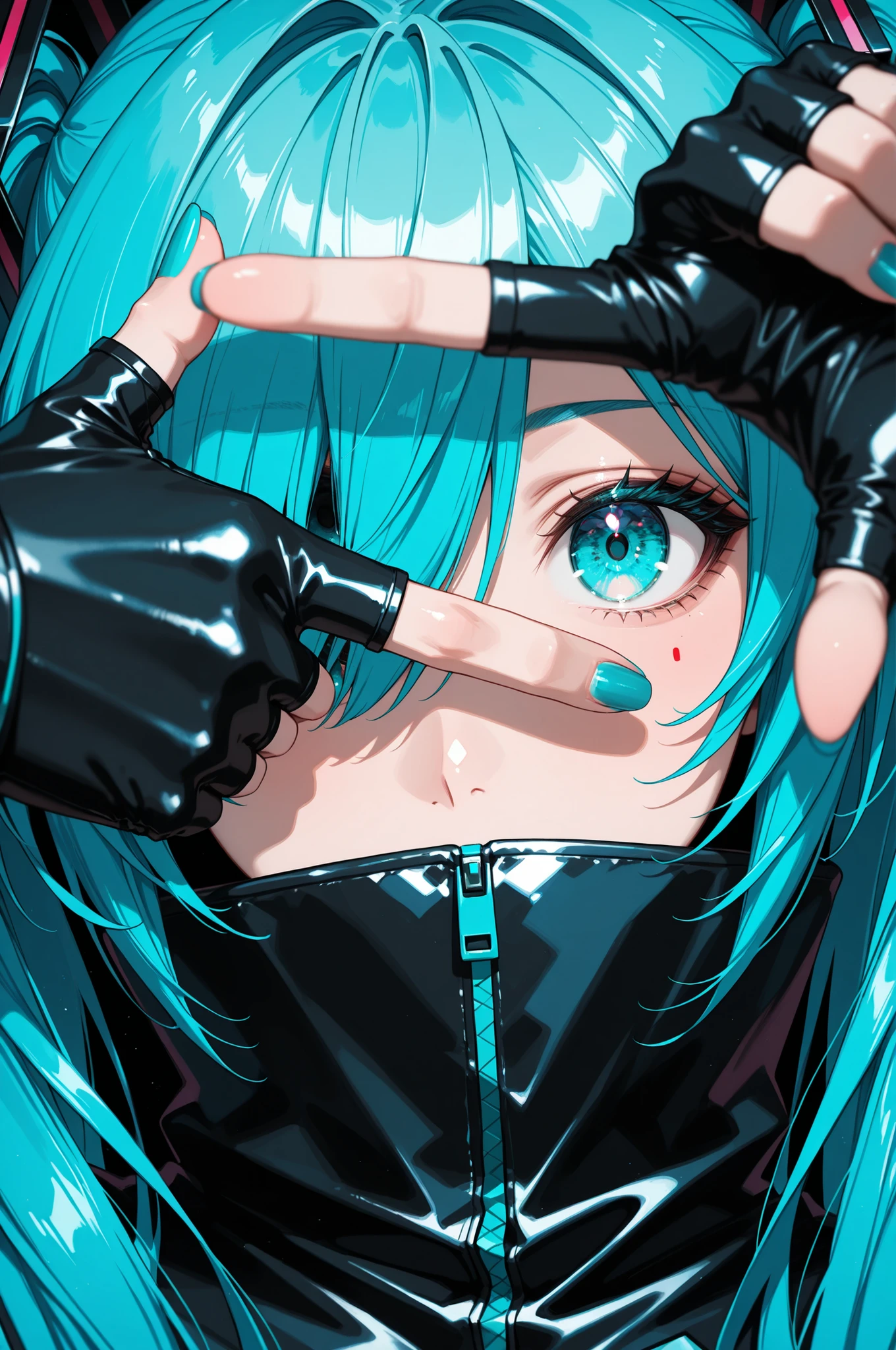 masterpiece,amazing quality, hatsune miku,1girl,solo,long hair,looking at viewer,blue eyes,gloves,twintails,blue hair,black gloves,fingerless gloves,nail polish,hair over one eye, aqua eyes,aqua hair,portrait,close-up,blue nails,one eye covered,covered mouth,chromatic aberration,symbol in eye,aqua nails,eye focus,finger frame,