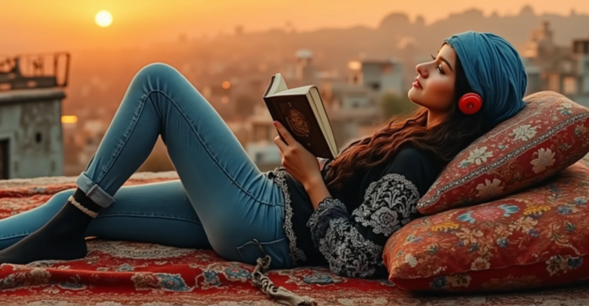 created a painting with oil painting with huge details , In the style of the artist Leonardo Davinci , In the era of the European renaissance ,  A fully detailed painting of an Arab woman lying on the roof of the house on an Arabic carpet, holding a book in her hand, reading a story to her little girl with curly red hair and looking half a smile at the sky during the sunset.. Decorated pillows surround her, her thick black hair has a blue turban on it. Her hair falls on her shoulders as if it is shiny silk .
The woman wears jeans, a black lace shirt decorated in white and red, red headphones and a black sock. She rests on an embroidered pillow. At the back, we see distant houses with their windows illuminated, a picture that seems cinematic, and the angle of view from the front 

