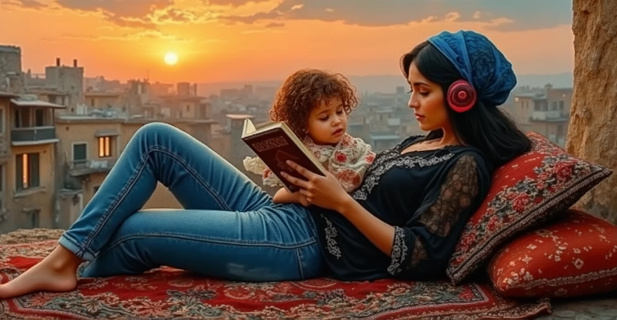 created a painting with oil painting with huge details , In the style of the artist Leonardo Davinci , In the era of the European renaissance ,  A fully detailed painting of an Arab woman lying on the roof of the house on an Arabic carpet, holding a book in her hand, reading a story to her little girl with curly red hair and looking half a smile at the sky during the sunset.. Decorated pillows surround her, her thick black hair has a blue turban on it. Her hair falls on her shoulders as if it is shiny silk .
The woman wears jeans, a black lace shirt decorated in white and red, red headphones and a black sock. She rests on an embroidered pillow. At the back, we see distant houses with their windows illuminated, a picture that seems cinematic, and the angle of view from the front 
