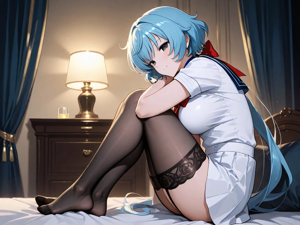blue hair,big breasts,Police attire,Restraining arms and legs,Very short skirt,open shirt,garter belt, black stockings,spread legs,lying on the bed,A painful look,blush,open your mouth wide,Drool,tongue,sweaty,Entangled in tentacles