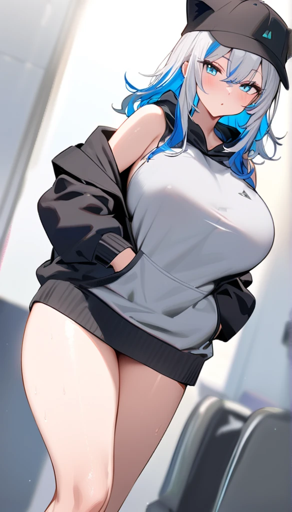 (((masterpiece))),fuyumi itadori, Anime girl characters, 1girl, solo, looking at viewer, medium hair, white hair,blue eyes, long sleeves, cleavage, bigger breasts, closed mouth, collarbone, jacket, open clothes, open jacket, blue jacket, ground vehicle, sports bra, tall girl, horny, big ass, beautiful face,Charming, Tight-fitting clothing,hd picture, very hd picture, anime style