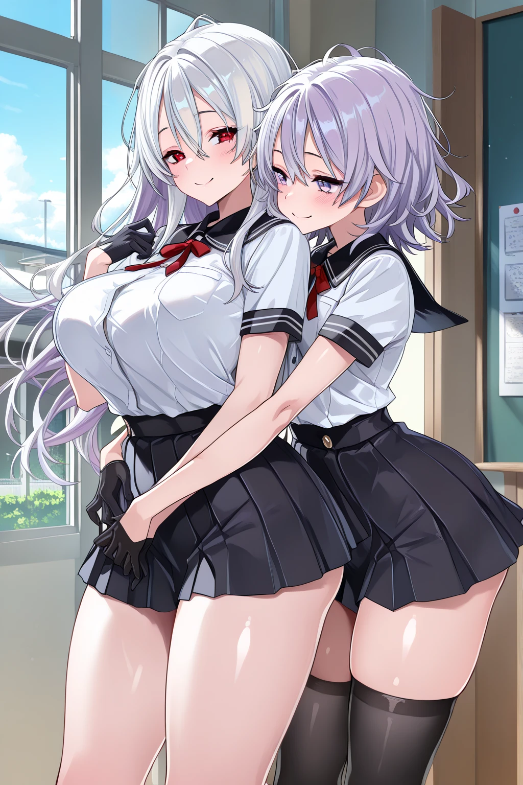 (Highest quality), (High resolution), (masterpiece), (Very detailed), Wolf Ear, Silver Hair, Long Hair, Bright Blue Eyes, One Girl, Silky skin, Shiny skin, Athletic build, blush, Heavy breathing, chest, (Swimwear), Front view, (Bright saturation), Sexual pose, Dripping love juice, Heart pupil, Trembling with sexual climax, Heavy breathing, In the classroom
