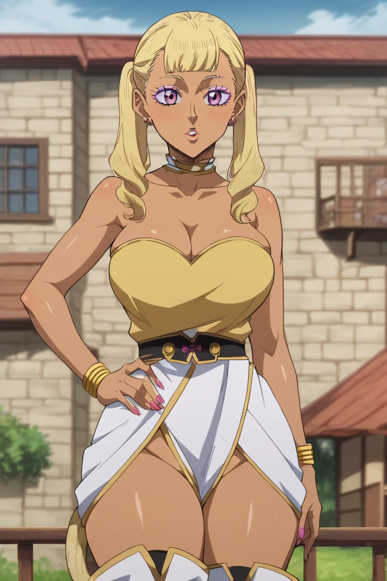 ratotilanthreya, <lora:ratotil anthreya s3-lora-nochekaiser:1>,
ratotil anthreya, long hair, blonde hair, (pink eyes:1.3), dark skin, dark-skinned female, makeup, headband, lipstick, smile,
BREAK navel, cleavage, jewelry, earrings, midriff, pants, necklace, nail polish, bracelet, hoop earrings, labcoat,
BREAK outdoors, forest, nature, sun, sky, trees, clouds, grass,
BREAK looking at viewer, (cowboy shot:1.5),
BREAK <lyco:GoodHands-beta2:1>, (masterpiece:1.2), best quality, high resolution, unity 8k wallpaper, (illustration:0.8), (beautiful detailed eyes:1.6), extremely detailed face, perfect lighting, extremely detailed CG, (perfect hands, perfect anatomy),