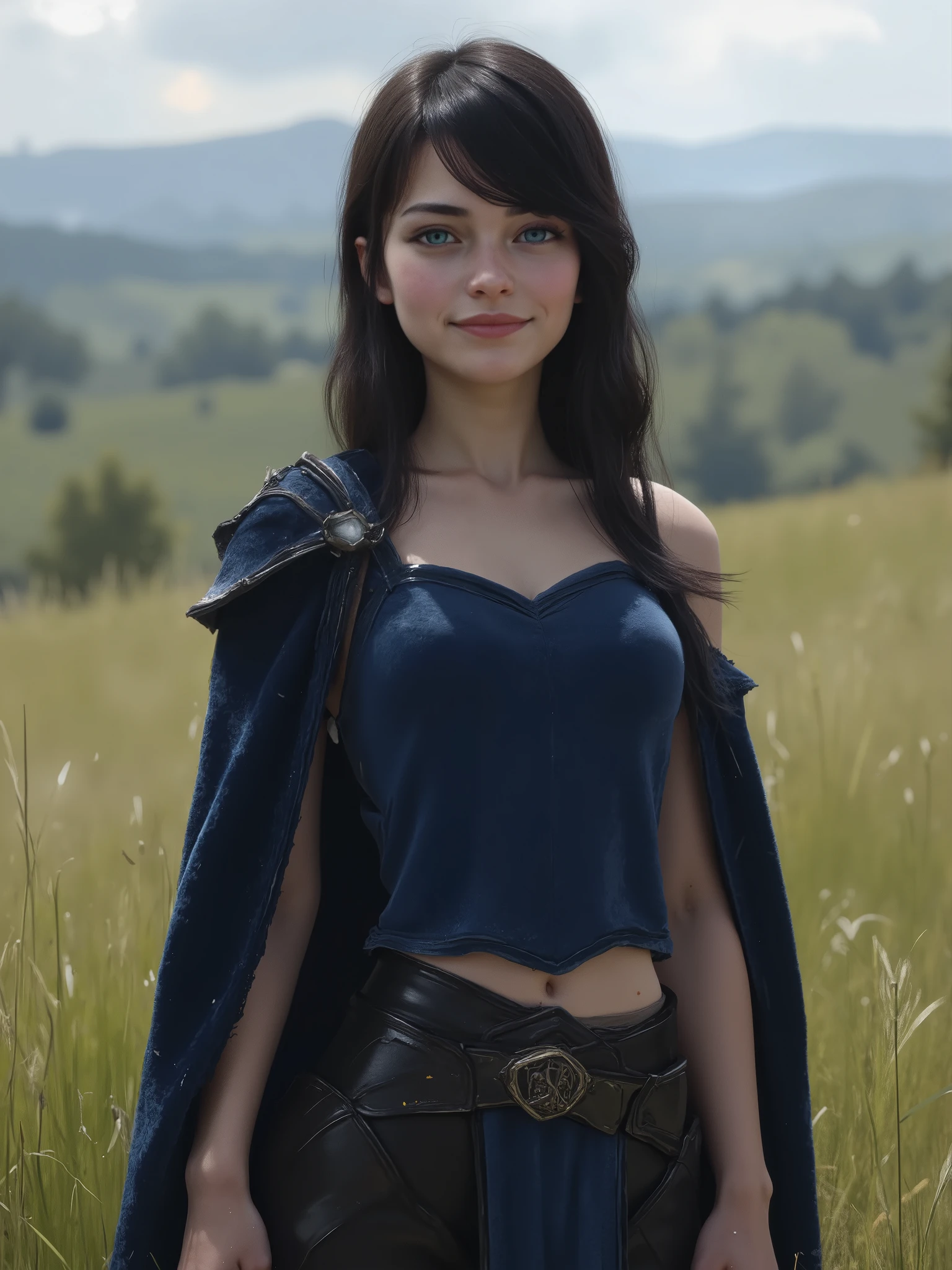 sketch painting, marinette Dopanchan, hkstyle, A very beautiful and cute 22 year old woman with a slight smile, (((western eyes, sky blue eyes:1.5))), (((thin lips, pink lips))), (((long hair, shiny hair))), sharp focus on the face, (((Dark blue medieval steampunk style velvet cape))), (((Sapphire blue medieval steampunk style sleeveless t-shirt))), (((Black medieval steampunk style leather warrior pants))), (((full body view, standing on the grass))), a treeless valley in the background, blurred background, cinematic lighting, soft depth of field, (((Masterpiece/high resolution/Best Quality/top quality/high quality/UHD/16k quality))), sharp focus, no blur, film grain, bokeh.