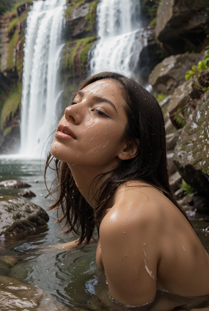 A woman named "LaGermania" gazes in awe at a majestic waterfall.
LaGermania, with a sense of wonderment, gazes in awe at a majestic waterfall cascading down from towering cliffs above. The waterfall plunges into a crystal-clear pool below, sending up a misty spray that catches the sunlight and creates shimmering rainbows in the air. LaGermania stands at the water's edge, her face bathed in the cool mist as she marvels at the sheer power and beauty of nature. The roar of the waterfall fills the air, drowning out all other sounds and enveloping her in a cocoon of sound. Surrounding the waterfall, the lush greenery of the forest teems with life, from the delicate ferns that cling to the rocks to the towering trees that reach towards the sky. Birds sing in the treetops, their melodic tunes adding to the enchanting ambiance of the scene. LaGermania feels a profound sense of peace and reverence wash over her as she stands in the presence of this natural wonder, humbled by its majesty and grandeur.