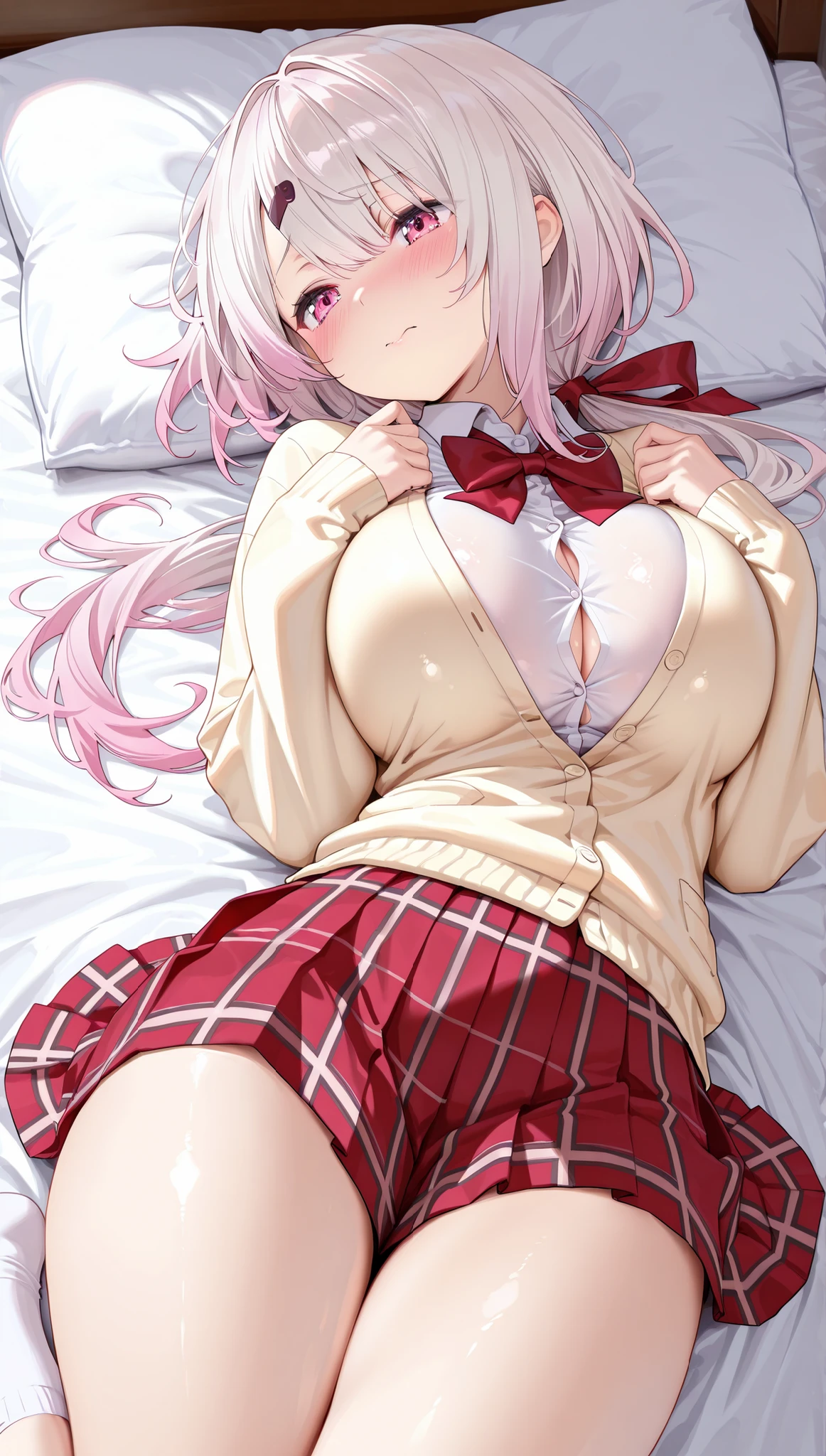 solo,masterpiece,best quality,super fine illustration、finely detail 、clear picture、UHD、HDR, amazing quality, highres, absurdres, very aesthetic, high resolution, ultra detailed, perfect details,nijiyuika,large breasts,pink eyes,gradient hair,light pink hair,white hair,round face,long hair,hair over one eye,low ponytail,hair ribbon,hairclip,nijiyuikacos,white shirt,collared shirt,red bow,cream-yellow cardigan,red skirt,miniskirt,plaid skirt,pleated skirt,white socks,short socks,lie on own back,embarrassed、breasts squeezed together thick thighs、voluptuous,mature female