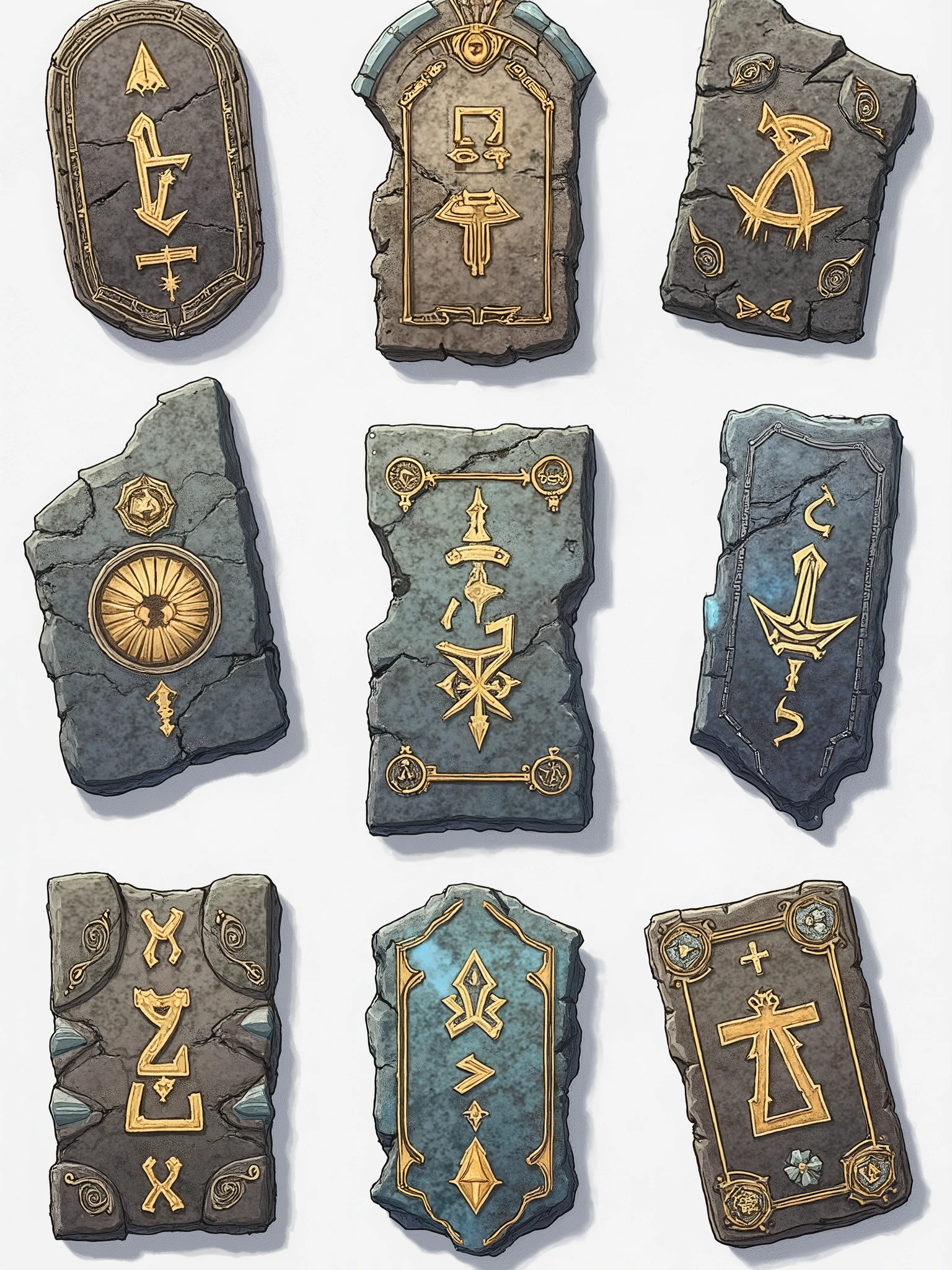 Hand-drawn top-down view image featuring a pack of eight unique fantasy assets arranged with ample spacing on a plain white background, perfect for Dungeondraft. Include:
A set of ancient runic tablets, carved from weathered stone and cracked marble, etched with glowing runes in gold, silver, and faint blue light. Each tablet should feel unique—some circular, some rectangular, some jagged shards—covered in intricate rune-like inscriptions and mysterious sigils. The style should be detailed, painterly, and high fantasy, inspired by Elden Ring and Final Fantasy. Soft shadows, mystical glow, and a sense of arcane mystery should surround them, as if they were relics found deep within a dungeon.