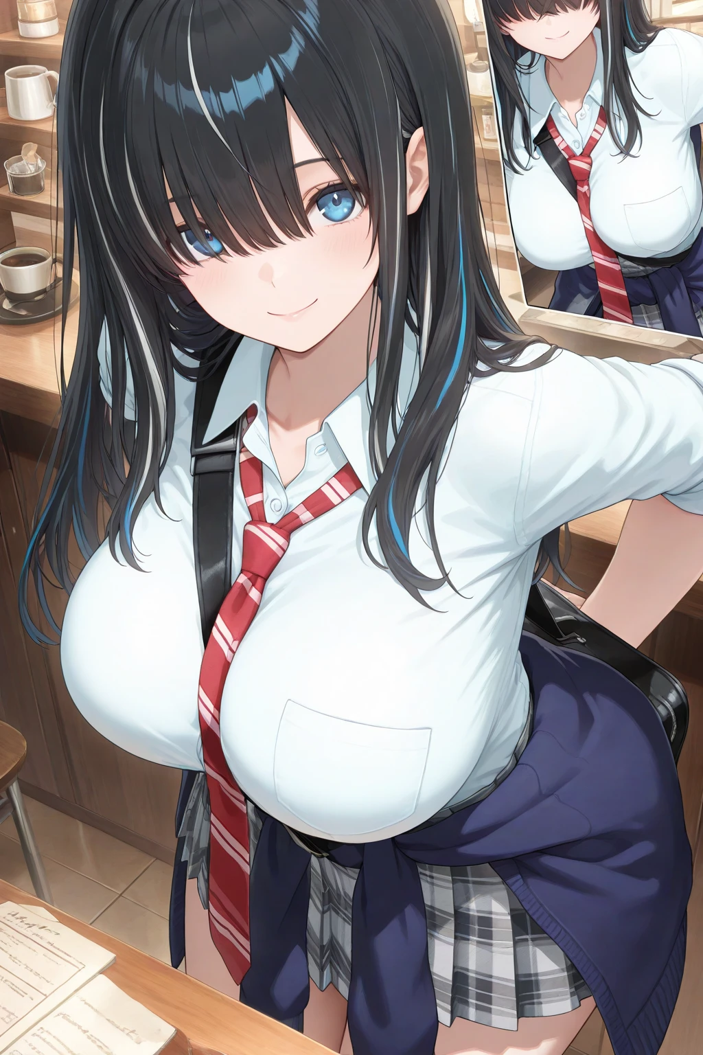 masterpiece, Highest quality, Black Haired Beautiful Girl(Blue Eyes、big eyes)、Straight Long Hair(swept bangs)high school girl、Blazer-type uniform(ribbon(Red stripes on a white background))、miduam weight.Medium sized 、Thighs、Shy face、Blushing、School classroom、clear、Beautiful standing posture、Naked with pink nipples.bra lift.panty lift.breasts out. (nsfw1.3).sexual climax.show off pussy、grabbing own breasts