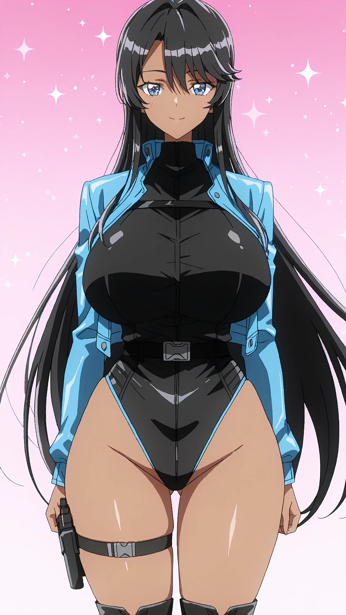 masterpiece, best quality, absurdres, 8k, perfect shadows,perfect lighting,hdr, cowboy shot,shiny skin,skindentation, beautiful body, kafka, ((black hair: 1.4)), long hair, (blue eyes: 1.4), (crop top, underboob, elbow gloves, thigh boots, split skirt, bare shoulders, curvy, midriff, curvy, thighs, higheels, shiny clothes), complex detailed background, inside, luxury palace) (gigantic breasts,hourglass body, thin waist,very slim waist)extremely detailed face,detailed eye makeup, detail face, nice detailed eyes,nice hands, perfect hands (realistic pupils,realistic iris:1) heavy eye makeup,glowing eyes, Bright eyes,standing,standing at attention,(seductive smile), gigantic breasts, curvy, cowboy shot, (( tan skin: 1.1)), (( tan face: 1.1))