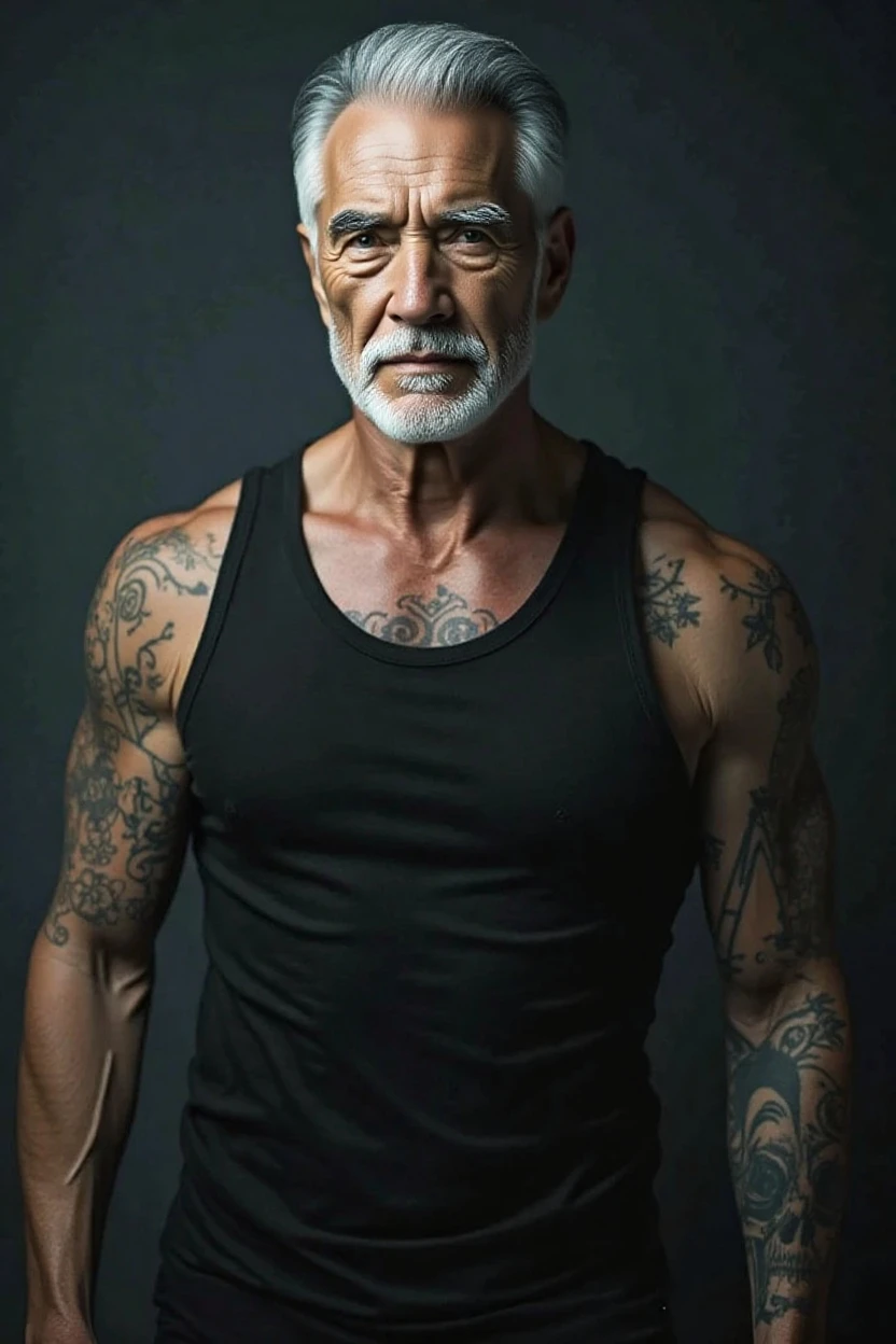 Mike Ehrmantraut from braking bad TV series, MiKe Ehrmantraut, Mike Ehrmantraut as yakuza, epic, yakuza, Mike Ehrmantraut with irezumi tattoo, yakuza tattoo, serious, knows his job, old, realistic, realistic art, photo, one person, old man, only one person at the photo, one man, ((half body shot)), ((1/2 shot)), dynamic pose, oni irezumi tattoo, oni tattoo