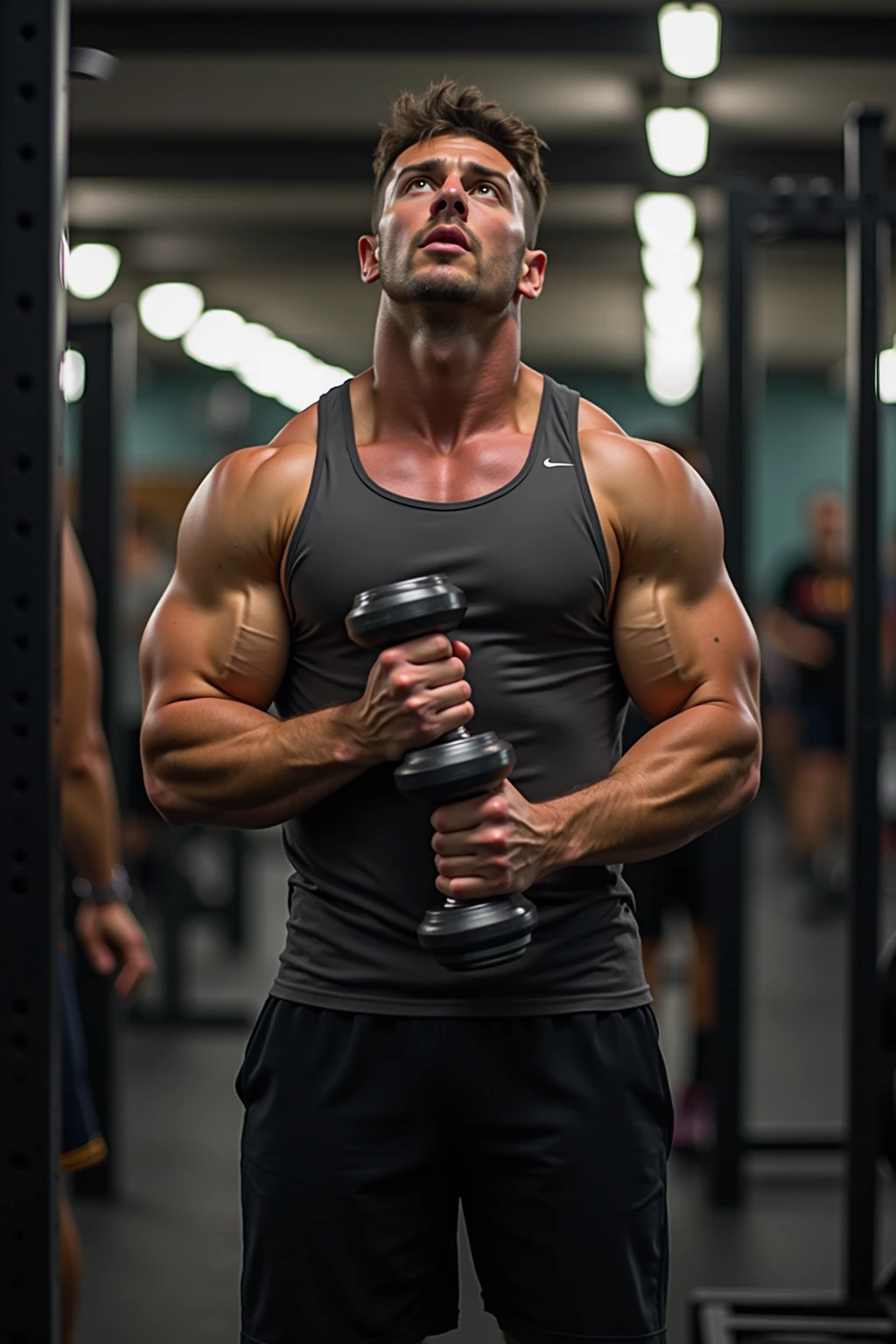 un hombre guapo con ropa de gimnasio y camiseta entrenando en el gimnasio

