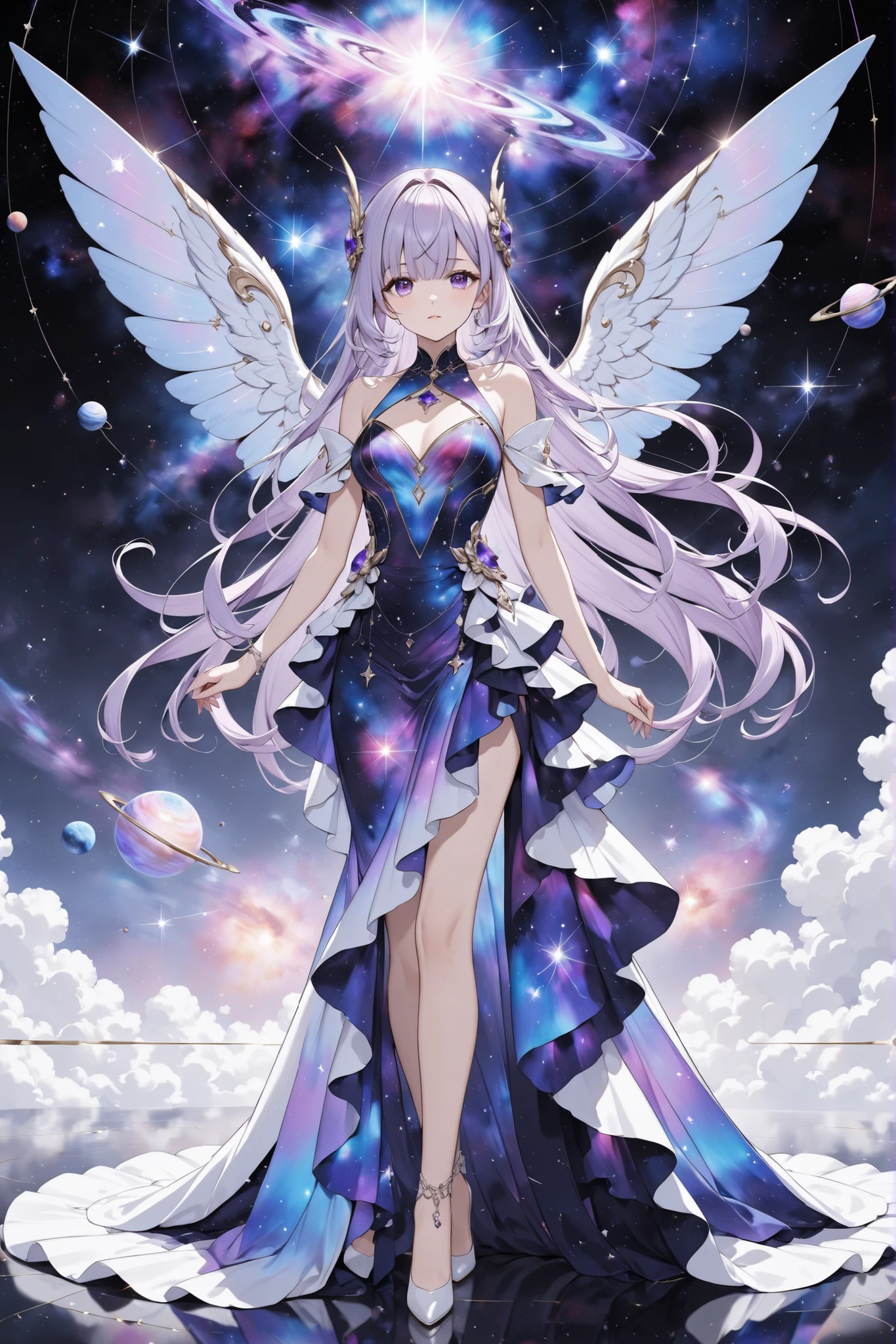 A celestial spirit with long lavender hair, eyes like the galaxy, a nebula dress, elegant poses, charming expressions, cosmic background"
