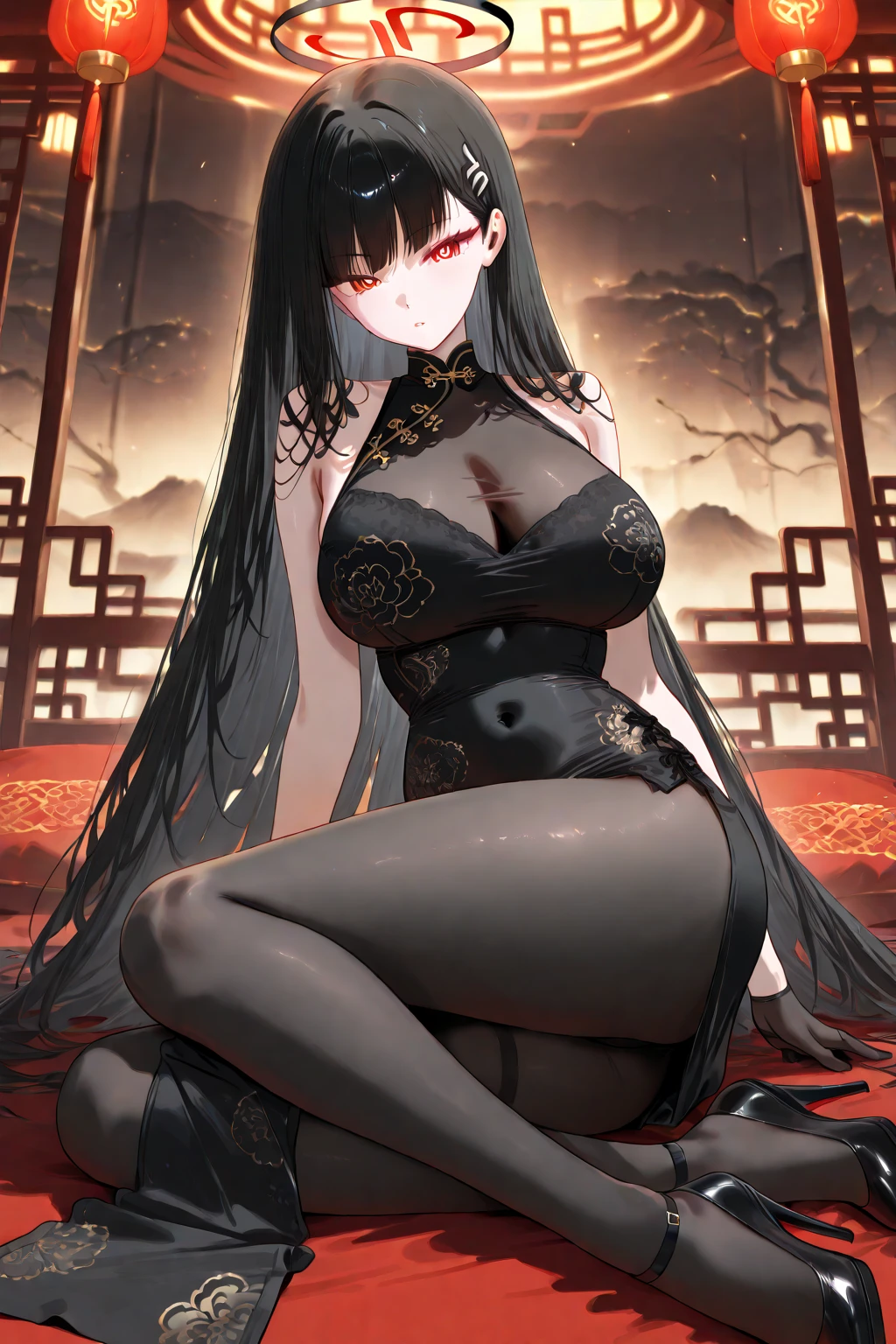 Solo,Lady sitting,(gigantic breasts:1.5),Grim expression,Long black hair,Black colored eyes,Black pantyhose,No shoes,Black royal robes,sitting on an royal throne,Below the eyelids,Bottom-up view,royal palace interior