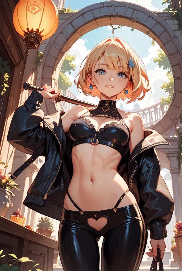 a beautiful girl with detailed face, long eyelashes, pastel pink lingerie with white details, black microskirt, thigh high stockings, garter belt, looking at camera with smile, masterpiece, hyperrealistic, 8k, intricate details, studio lighting, ethereal, elegant, glamorous