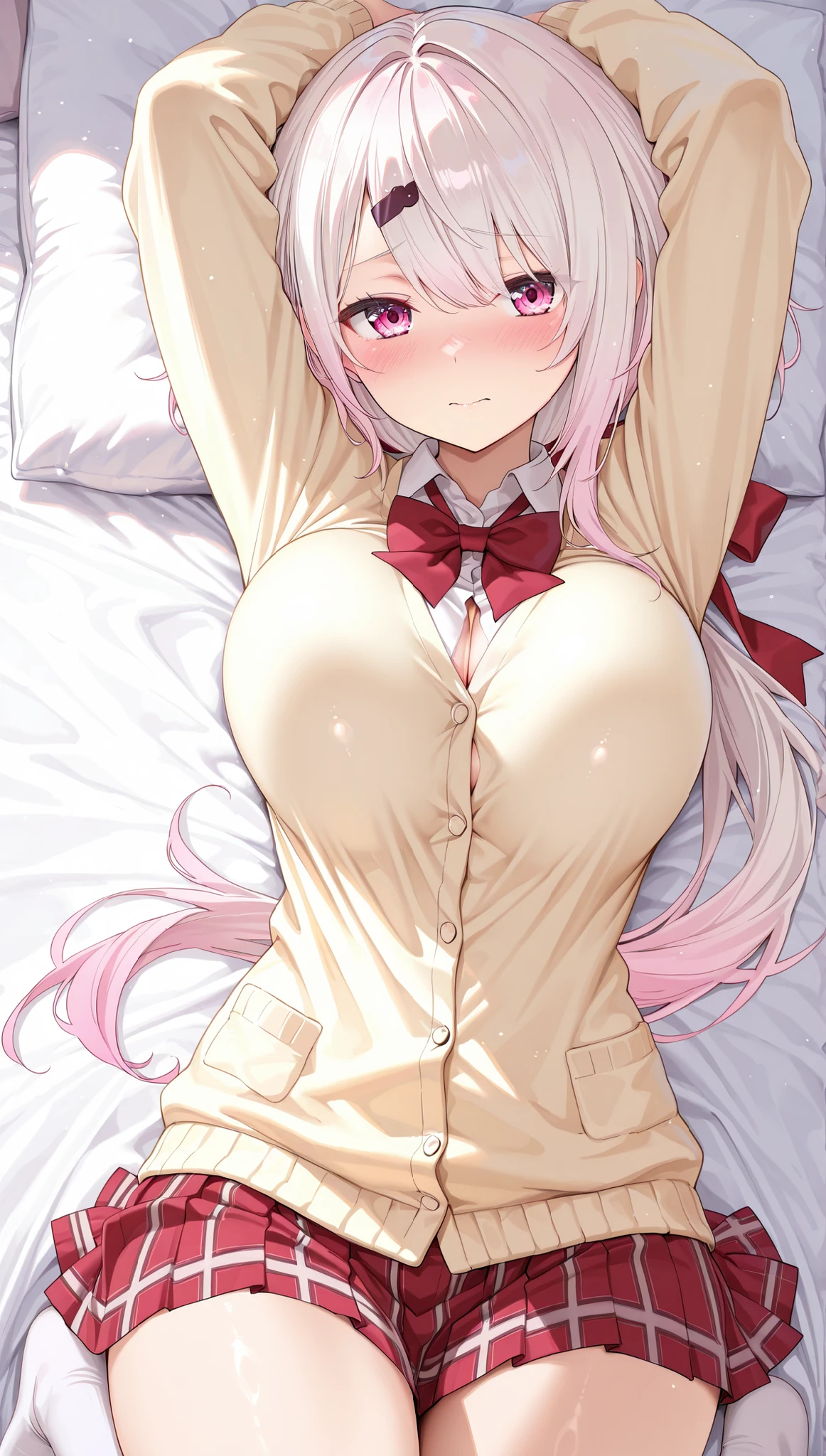 solo,masterpiece,best quality,super fine illustration、finely detail 、clear picture、UHD、HDR, amazing quality, highres, absurdres, very aesthetic, high resolution, ultra detailed, perfect details,nijiyuika,large breasts,pink eyes,gradient hair,light pink hair,white hair,round face,long hair,hair over one eye,low ponytail,hair ribbon,hairclip,nijiyuikacos,white shirt,collared shirt,red bow,cream-yellow cardigan,red skirt,miniskirt,plaid skirt,pleated skirt,white socks,short socks,lie on own back,embarrassed、breasts squeezed together thick thighs、voluptuous,mature female