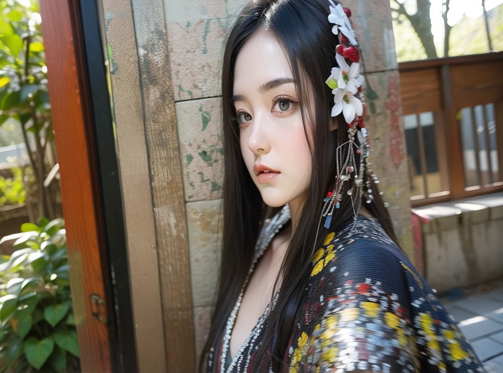 A high resolution、Highest image quality、illustratio、Cinematic lighting、hyper-detailed face、(finely quality eyes)、Best picture quality、Hyper-detailing、tmasterpiece、(Beautiful faces)、1girll、Kizi、whaite hair、Purple eye、highest details、Glowing eyes、Moderate breathing、sit on a bed、sitted、Beds、janelas、nigh sky、The light from the back window is backlighted、(hight contrast)、(a color),
