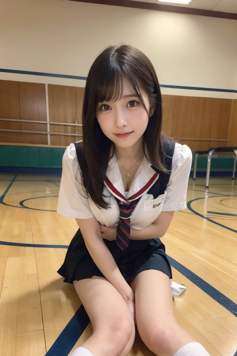 Tabletop、Highest quality、figure、 Super detailedな、High resolution、8k wallpaper、Perfect dynamic composition,、Beautiful attention to detail、Natural color lip、Bold sexy pose、smile、15-year-old girl、cute、sexy shot looking at camera、(Highest quality: 1.3), (masterpiece: 1.3), (Super detailed: 1.3), (wallpaper, One Girl: 1.1), (Detailed hands and fingers:1.2)、(Ultra-oily, lustrous skin with attention to detail:1.1)、Oily shiny knee socks、(The perfect school girl uniform:1.3)、Sailor suit with red ribbon、(Beautiful small breasts:1.3)、(Red checkered mini skirt:1.2)、Sit with your legs apart、Brown Hair、short hair、ponytail、Beautiful sister、Pink wall