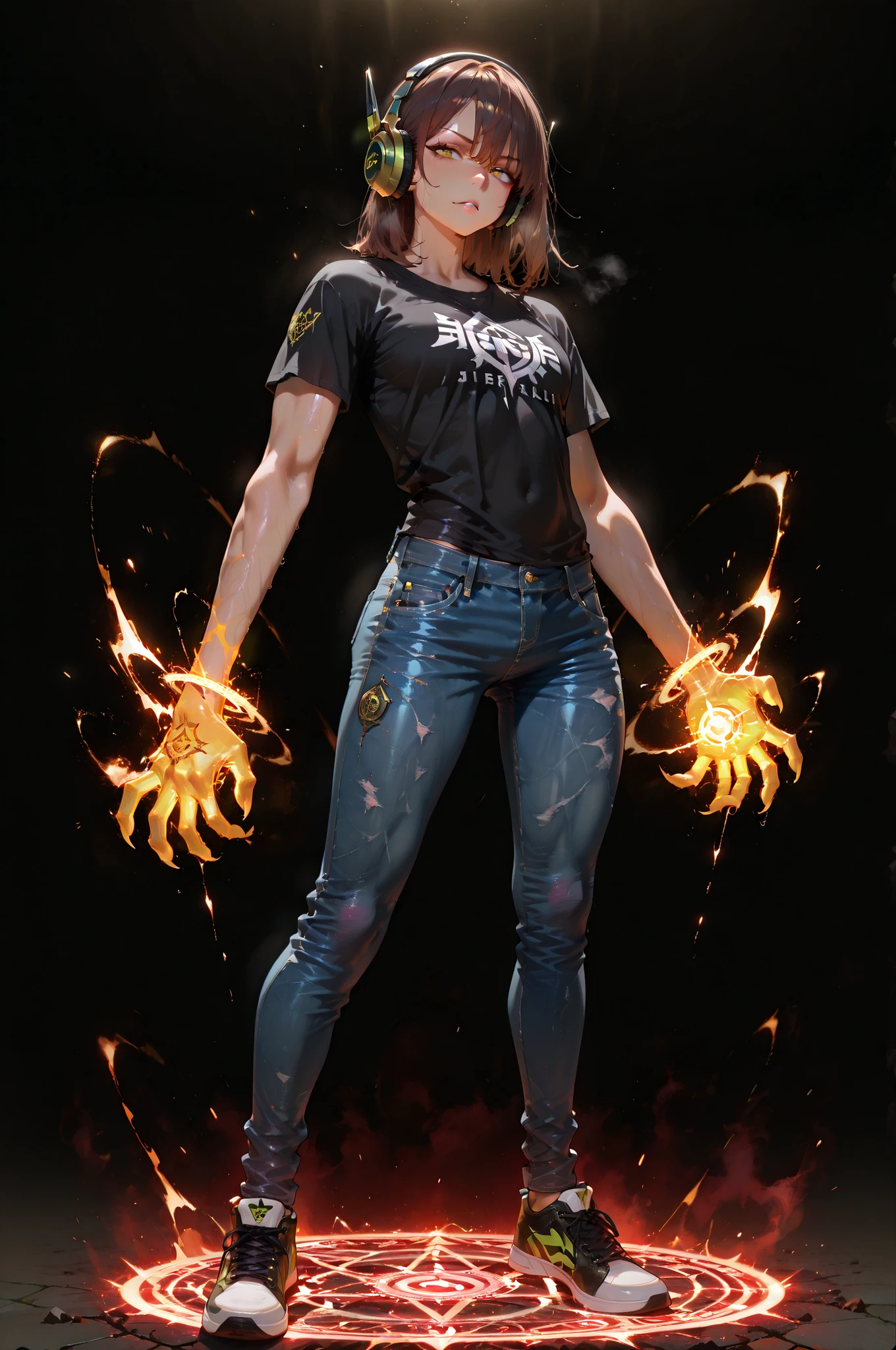masterpiece, best quality, amazing quality, very aesthetic, high resolution, newest, hyper-detailed,solo, 1 MAN, male character, mature man, athletic figure, brown hair, fierce expression, Black t-shirt with a claw's logo, jeans pants, old shoes, headphones, magic circles glowing around him stand on, full body, fan art, mansion on the background