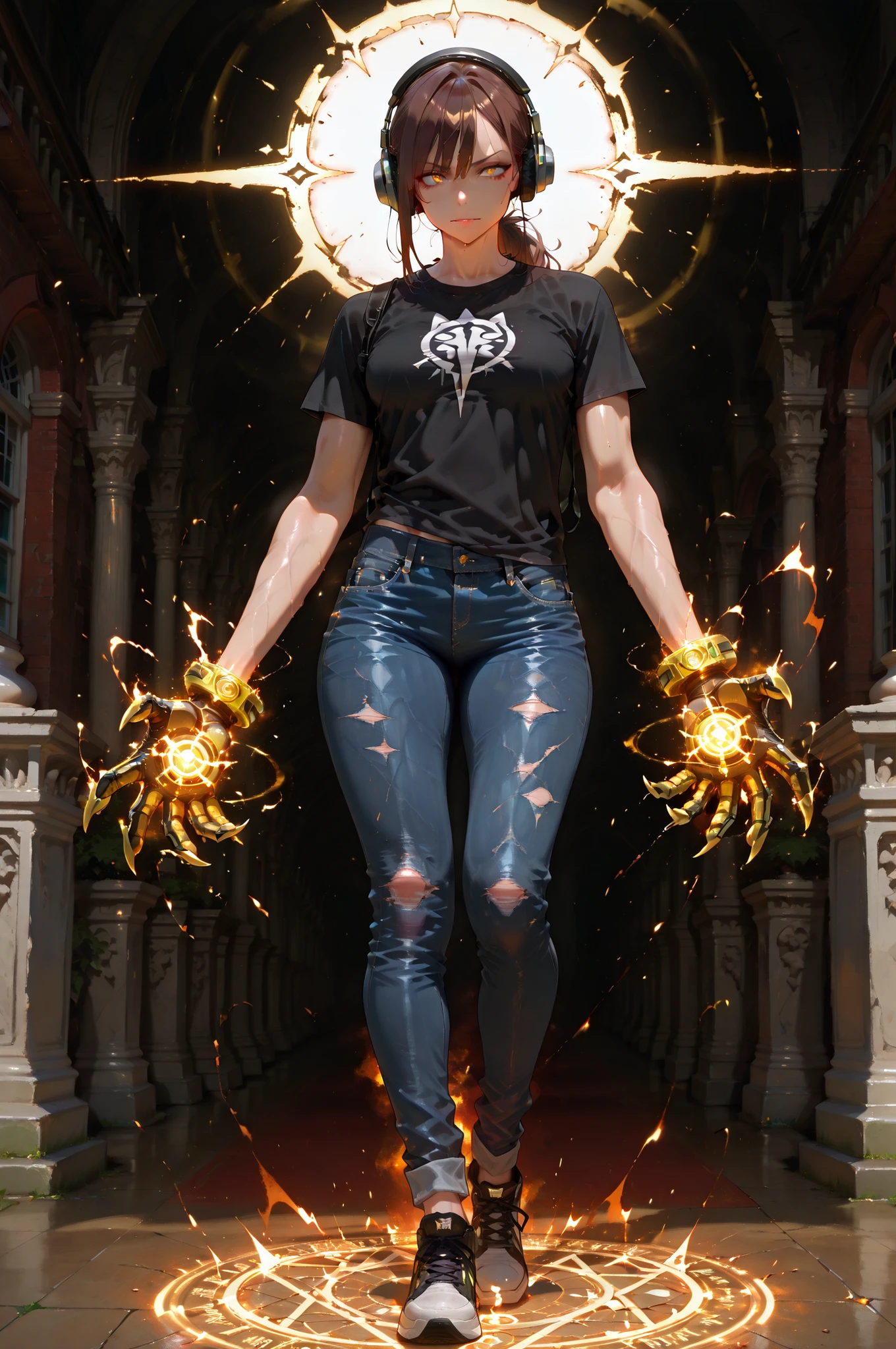 masterpiece, best quality, amazing quality, very aesthetic, high resolution, newest, hyper-detailed,solo, 1 MAN, male character, mature man, athletic figure, brown hair, fierce expression, Black t-shirt with a claw's logo, jeans pants, old shoes, headphones, magic circles glowing around him stand on, full body, fan art, mansion on the background