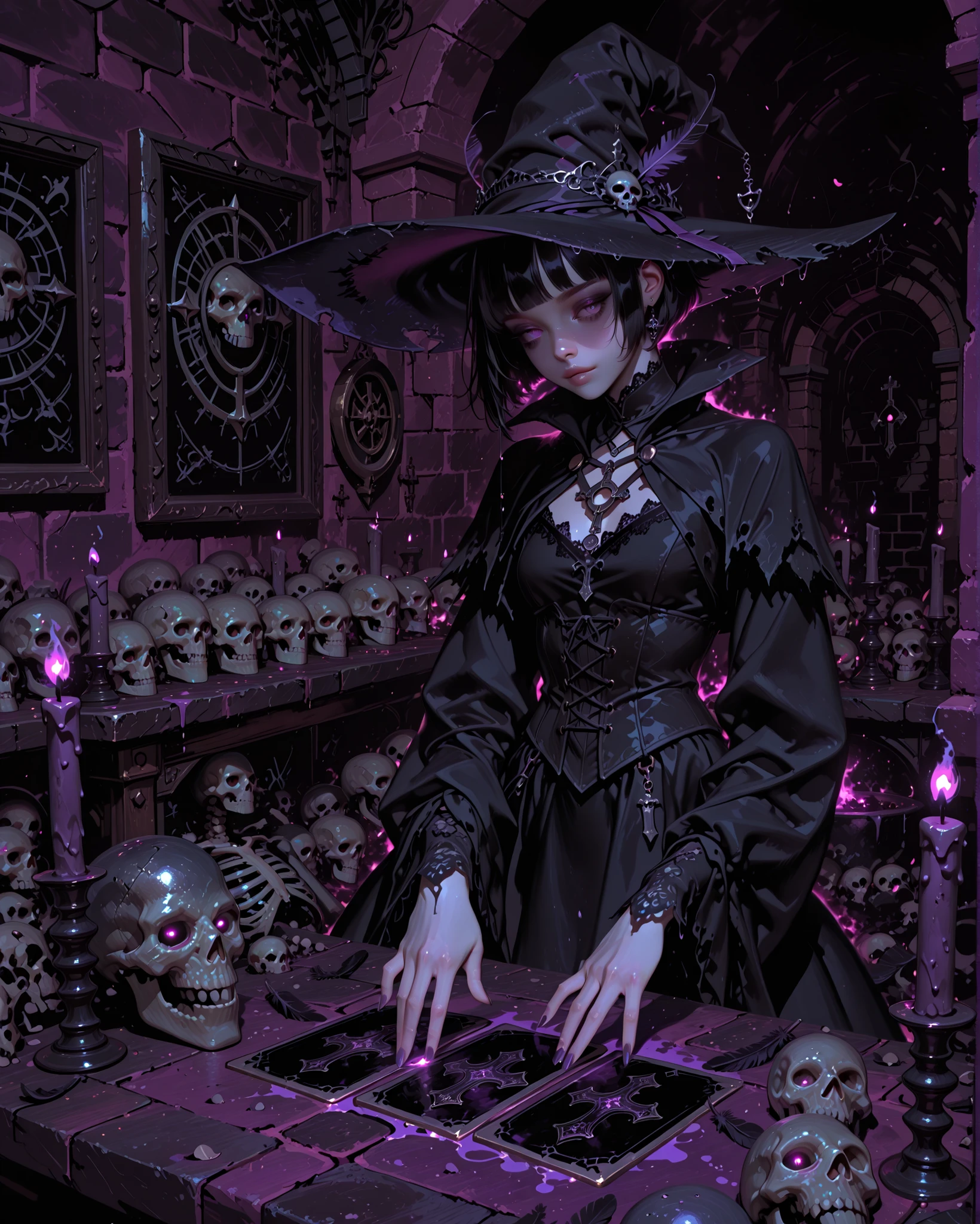 (( high angle)) Gothic witch girl inside a dark dungeon chamber, wearing a large pointed witch hat with gothic details (lace, feathers, small charms). She has pale skin, dark bob-cut hair, dressed in a gothic witch outfit: long black dress with lace details, corset, sheer sleeves, and layered gothic jewelry. She is seated at a stone table, dramatically reading tarot cards, her hands spread over the glowing mystical cards. The cauldron still bubbles faintly nearby, casting green and purple light, while dripping candles illuminate the scene. Around her are old grimoires, skulls, bones, and arcane symbols faintly glowing on the walls. Her expression is intense, mysterious, and slightly seductive, as if channeling hidden knowledge. The atmosphere is dark, occult, and gothic with swirling mist and flickering shadows.