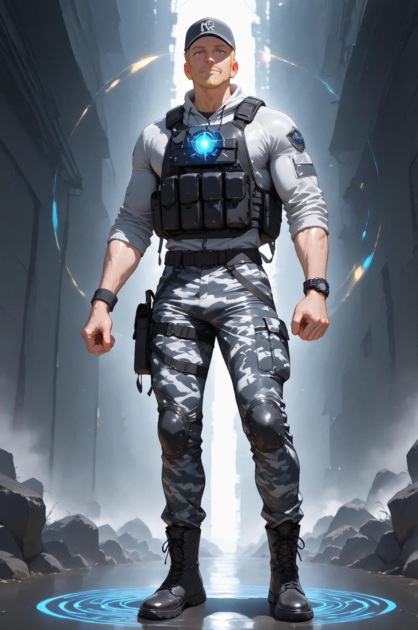 masterpiece, best quality, amazing quality, very aesthetic, high resolution, newest, hyper-detailed,solo, 1 MAN, male character, mature man, athletic figure, blonde hair, bulletproof coat, baseball hat, camo pants, boots, magic circles glowing around him stand on, full body, fan art, waterfalls on the background