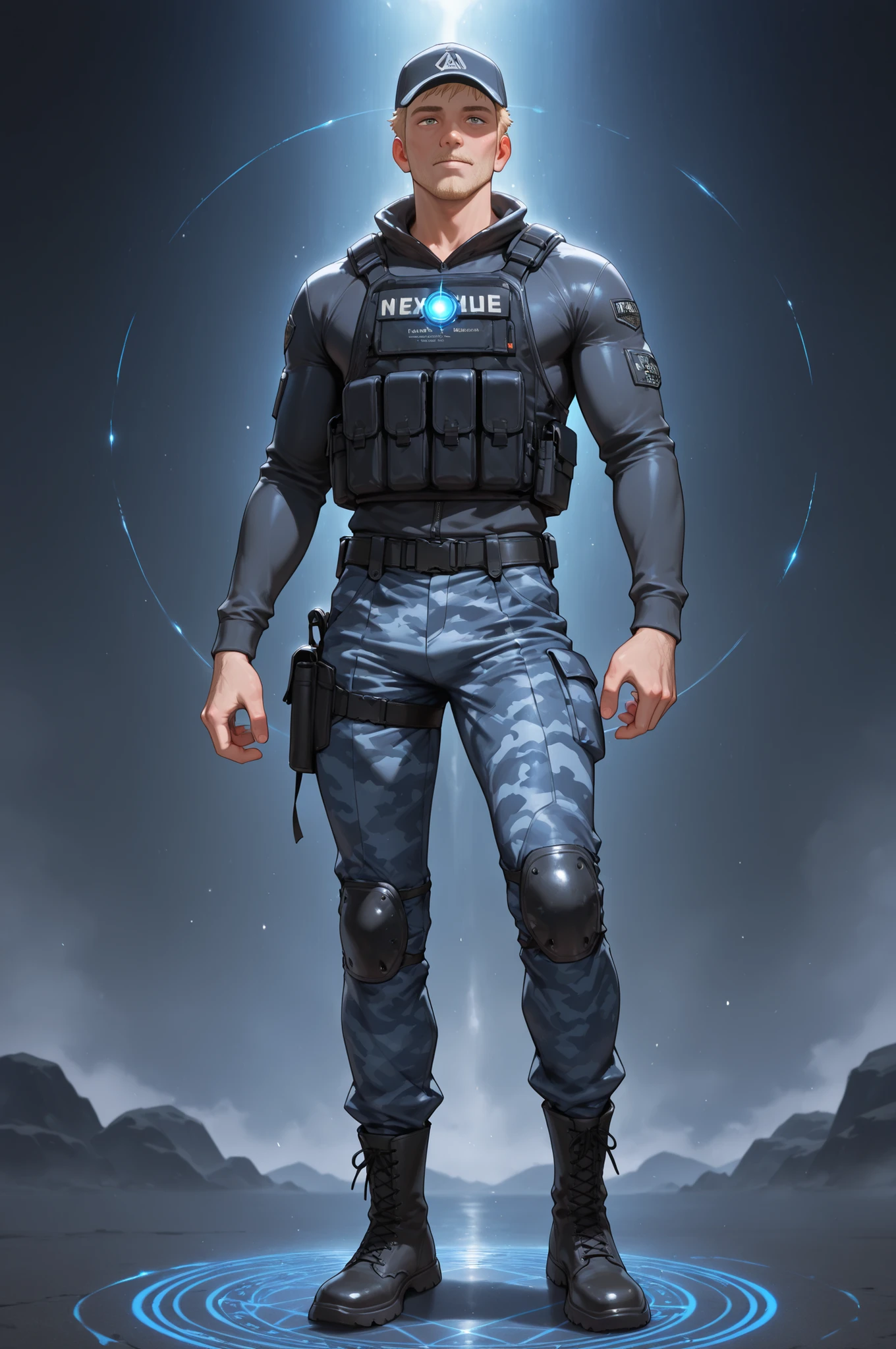 masterpiece, best quality, amazing quality, very aesthetic, high resolution, newest, hyper-detailed,solo, 1 MAN, male character, mature man, athletic figure, blonde hair, bulletproof coat, baseball hat, camo pants, boots, magic circles glowing around him stand on, full body, fan art, waterfalls on the background