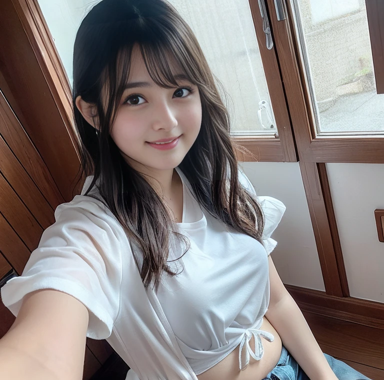 top-quality、masterpiece、独奏、a beautiful Japanese schoolgirl、sixteen years old、Sexy schoolgirl uniform、Colossal tits、(Photographing a subject from an angle)、skinny、 (Sexy uniform with a slight view of the underside of the chest)、(Visible lower milk、Uniform with visible ribs and navel)、Super mini skirt with no panties visible 、Uniform without sleeves、Happy smiling face、((looking at the viewers))、Blushing、school classrooms