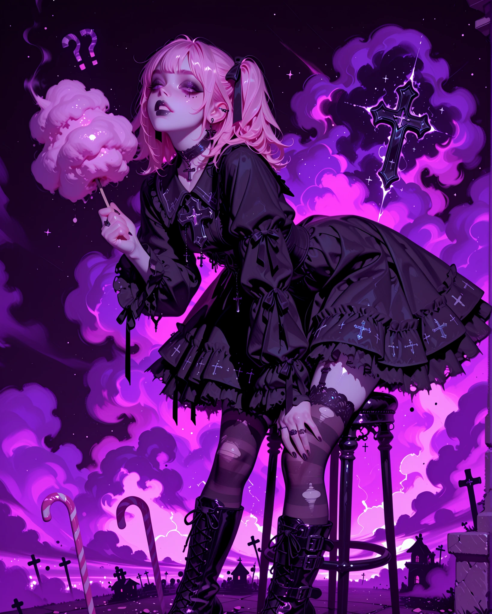 Pastel goth girl sitting on a giant cotton candy, but with a rude and intimidating attitude. She has pale skin and pastel gothic aesthetic: long pastel pink hair with black streaks, styled with small gothic ribbons. Her outfit mixes cute and dark: short pastel dress with torn lace details, black choker with gothic cross, striped pastel and black stockings, and platform gothic boots. She sits with a defiant posture, leaning slightly forward, one hand resting on the cotton candy while the other clenches a fist with heavy black rings, showing strength. Her expression is sharp, mischievous, and menacing, with dark eyeliner and black lipstick contrasting against the pastel tones. Background: surreal candy world with oversized lollipops, candy canes, and pastel skies, but the atmosphere has a gothic twist with soft neon purple glow and subtle dark mist. She stands out as a powerful, threatening figure in a sugary world.