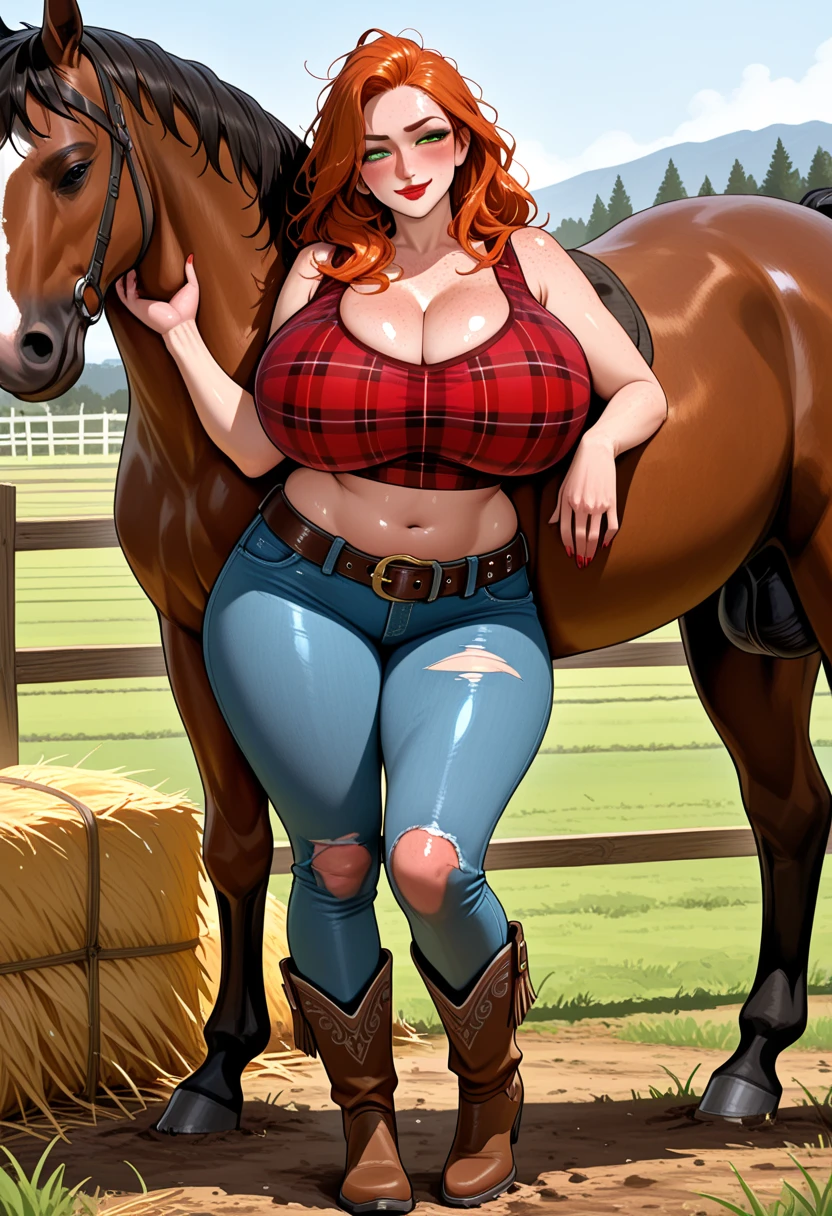 (Masterpiece, Best Quality, Highres:1.4), Detailed, Intricate Details, 4K,
1girl, solo, mature female, (sitting on haystack:1.2),
orange hair, long hair, messy hair, wavy hair, curly hair, hair over one eye,
green eyes, freckles,
smile,
farm clothes, short shorts, denim, (checkered shirt, red shirt:1.2), cowboy hat,
curvy, huge breasts, thick thighs,
eqcok, (flaccid, gigantic penis, huge penis, huge testicles, resting testicles:1.4), cock sheath,
haybale, barn, farm, indoors, doorway, (haystack:1.2), (wooden walls, simple background:1.2), brown wood,
<lora:Flaccid Horse - New:1>, <lora:Dmitrys:1>