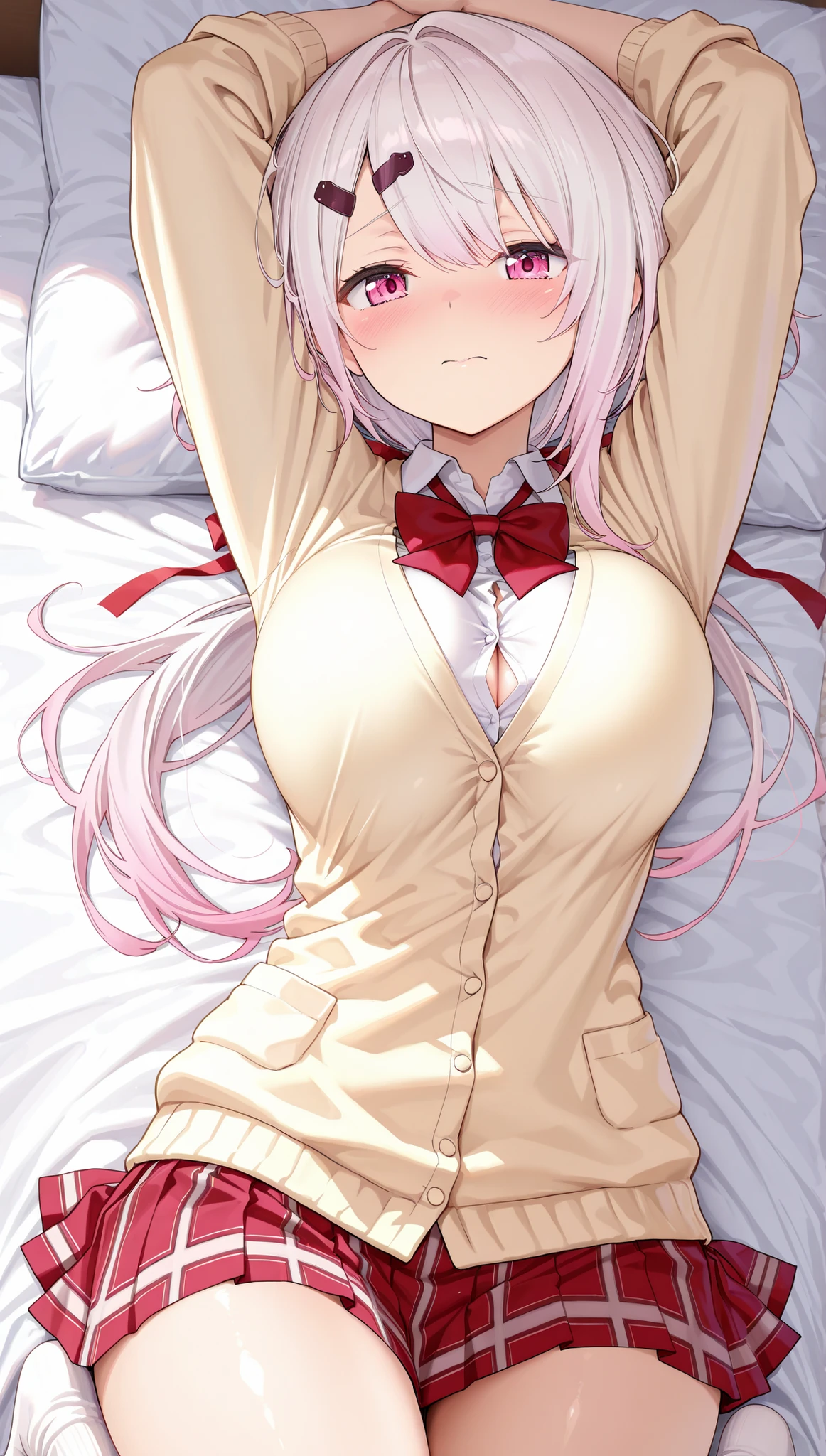 solo,masterpiece,best quality,super fine illustration、finely detail 、clear picture、UHD、HDR, amazing quality, highres, absurdres, very aesthetic, high resolution, ultra detailed, perfect details,nijiyuika,large breasts,pink eyes,gradient hair,light pink hair,white hair,round face,long hair,hair over one eye,low ponytail,hair ribbon,hairclip,nijiyuikacos,white shirt,collared shirt,red bow,cream-yellow cardigan,red skirt,miniskirt,plaid skirt,pleated skirt,white socks,short socks,lie on own back,embarrassed、breasts squeezed together thick thighs、voluptuous,mature female