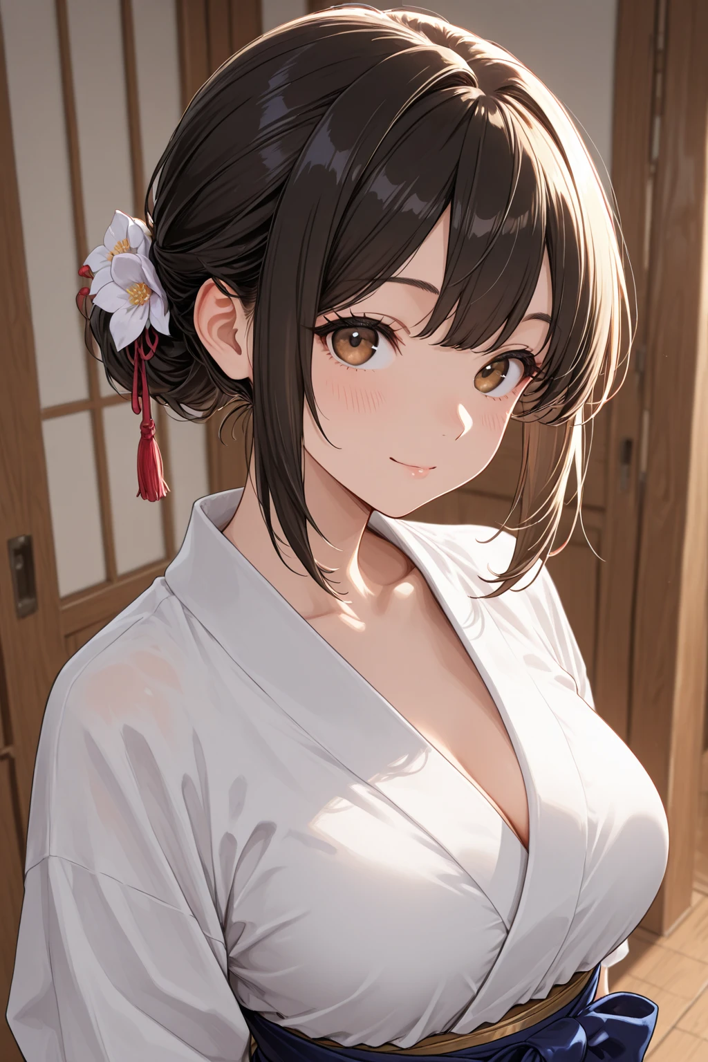 Brown hair
Short hair
Yukata
Flat chested
Cleavage emphasis
Smiling
Sticking out tongue