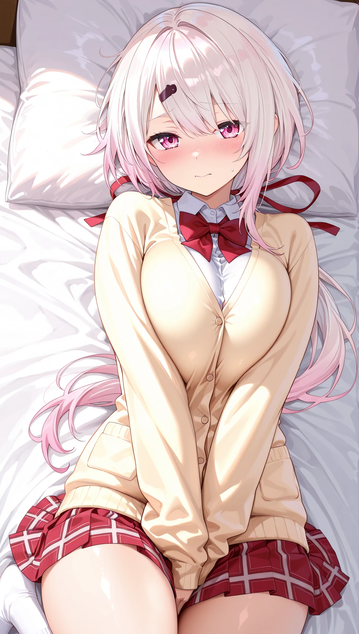 solo,masterpiece,best quality,super fine illustration、finely detail 、clear picture、UHD、HDR, amazing quality, highres, absurdres, very aesthetic, high resolution, ultra detailed, perfect details,nijiyuika,large breasts,pink eyes,gradient hair,light pink hair,white hair,round face,long hair,hair over one eye,low ponytail,hair ribbon,hairclip,nijiyuikacos,white shirt,collared shirt,red bow,cream-yellow cardigan,red skirt,miniskirt,plaid skirt,pleated skirt,white socks,short socks,lie on own back,embarrassed、breasts squeezed together thick thighs、overweight,mature female