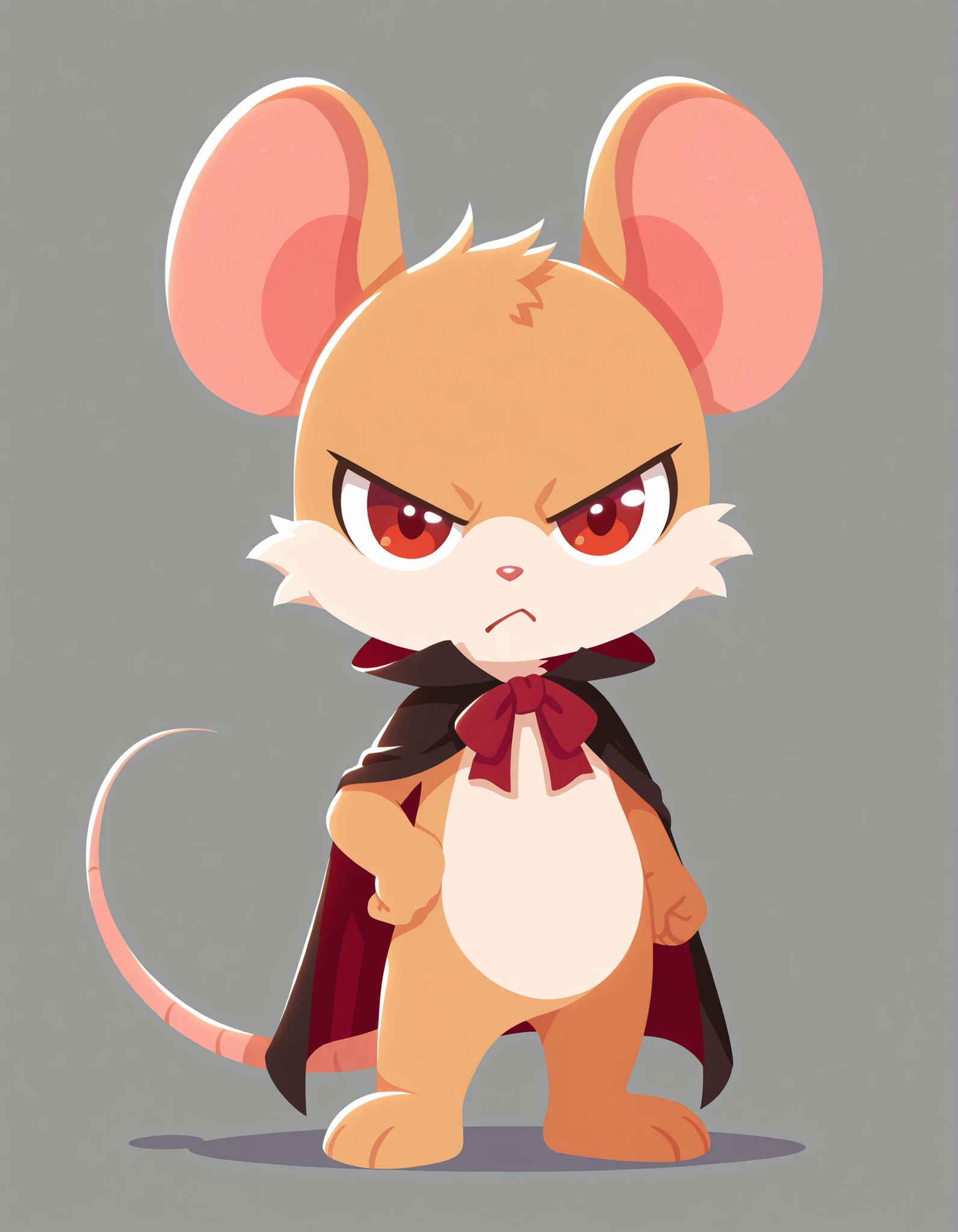 no lineart,, young, slender and thin, full body, hungry body, simple background, (solo), (semi anthro), mouse, female mouse, fur body, ultra fine fur, standing, red eyes, (light brown dull fur), determined look, black open cape, red inner cape,