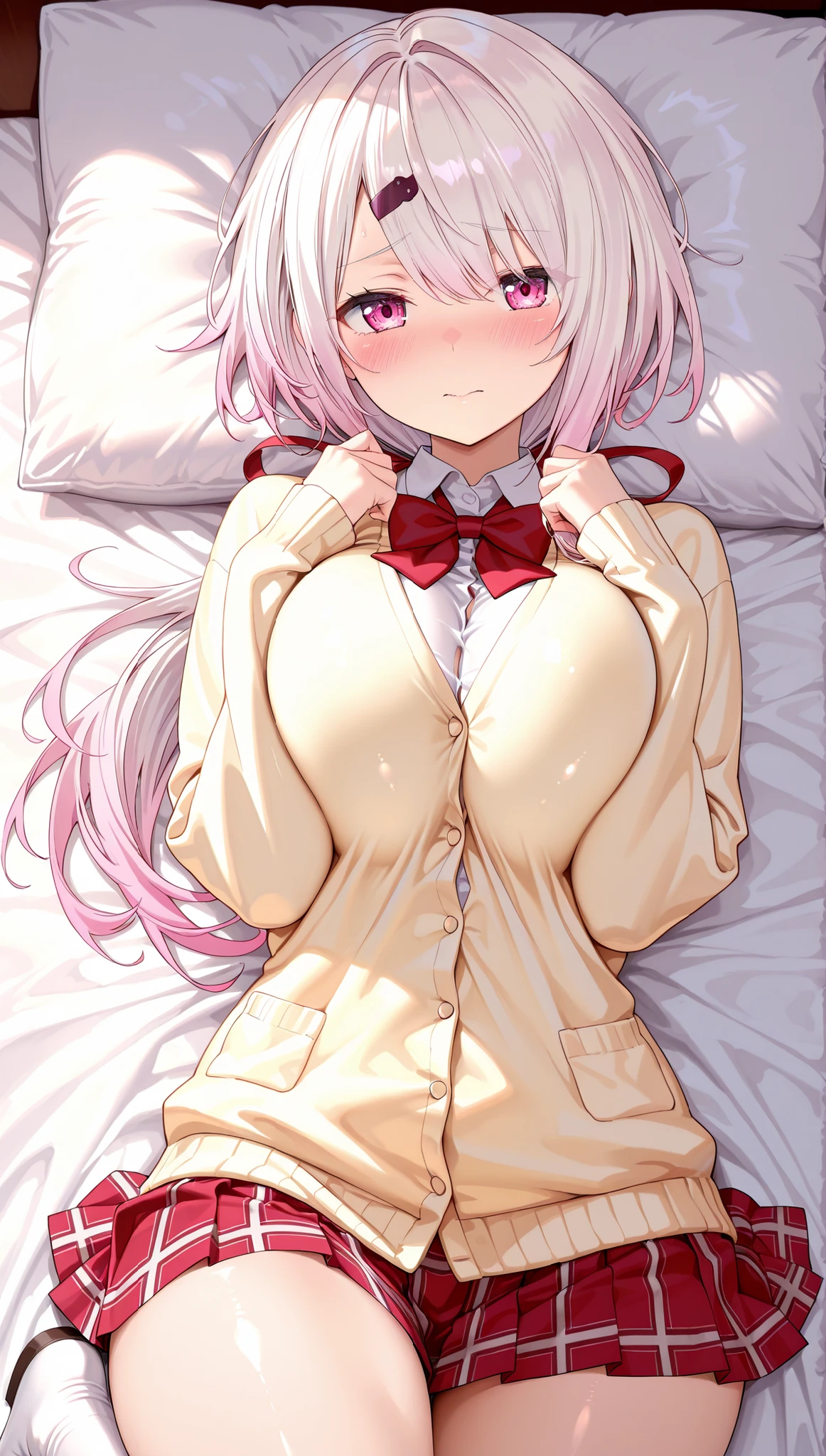 solo,masterpiece,best quality,super fine illustration、finely detail 、clear picture、UHD、HDR, amazing quality, highres, absurdres, very aesthetic, high resolution, ultra detailed, perfect details,nijiyuika,large breasts,pink eyes,gradient hair,light pink hair,white hair,round face,long hair,hair over one eye,low ponytail,hair ribbon,hairclip,nijiyuikacos,white shirt,collared shirt,red bow,cream-yellow cardigan,red skirt,miniskirt,plaid skirt,pleated skirt,white socks,short socks,lie on own back,embarrassed、breasts squeezed together thick thighs,mature female、plump