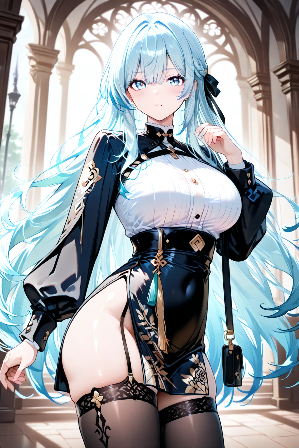 Anime, woman, hair is long to legs, pale blue hair, white color eyes, cool, earrings, big boob full-bodied, wearing a black dress, beautiful, elegant, pure, fantasy,