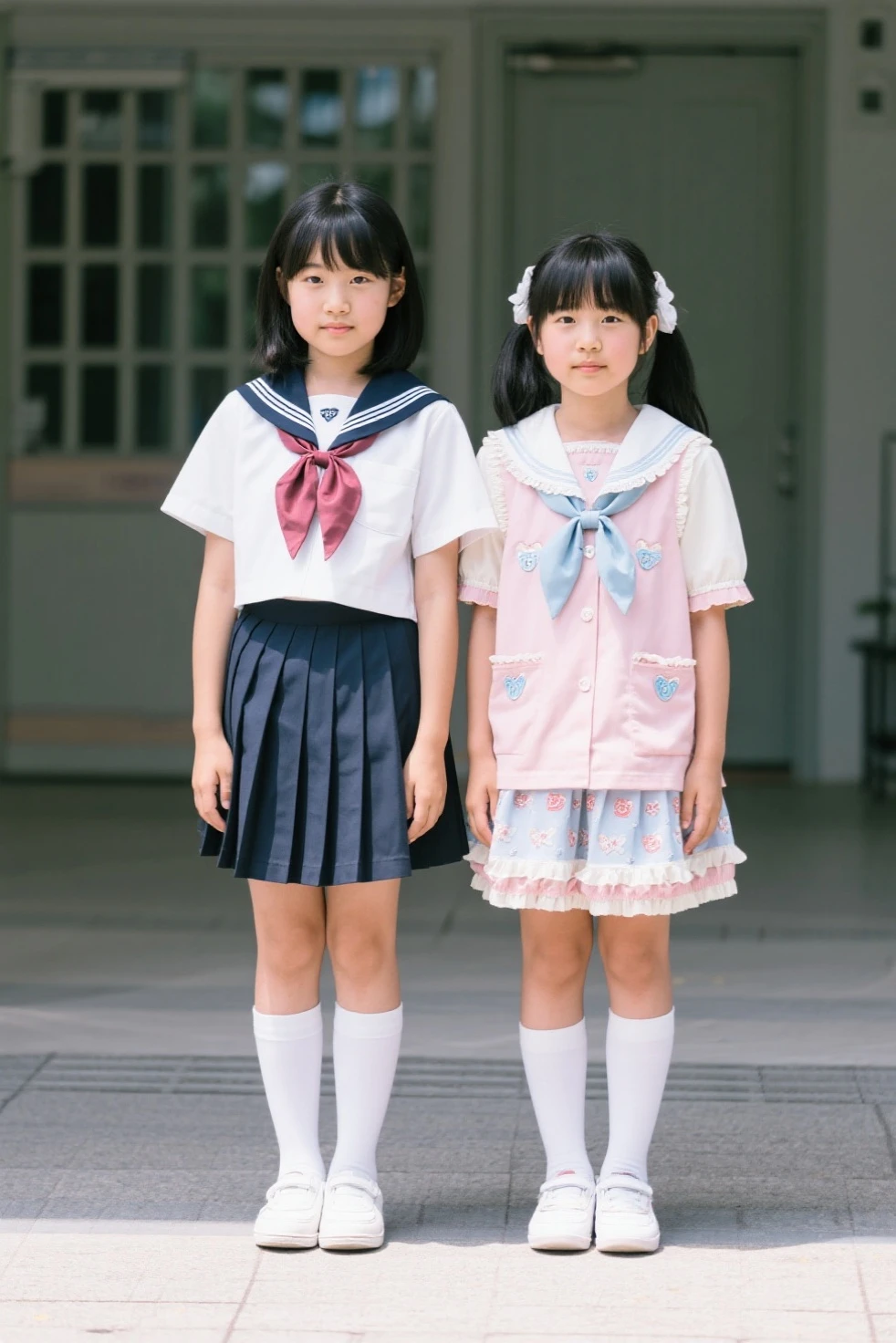 masterpiece, best quality, high resolution, realistic extremely detailed, detailed background, cinematic lighting, 2 girl, photo of 2 girl, couple of girl, looking at viewer, wear high heels,wear long socks, wear white dress, small breasts, medium hair, ponytail, full body, wearing randoseru backpack, (randoseru backpack:1.1), brown eyes, brown hair, wear long socks, wear high heels, wear blue dress, wear pink randoseru backpack (randoseru backpack:1.0), dappled sunlight, day, standing, park background, city girl, fullbody