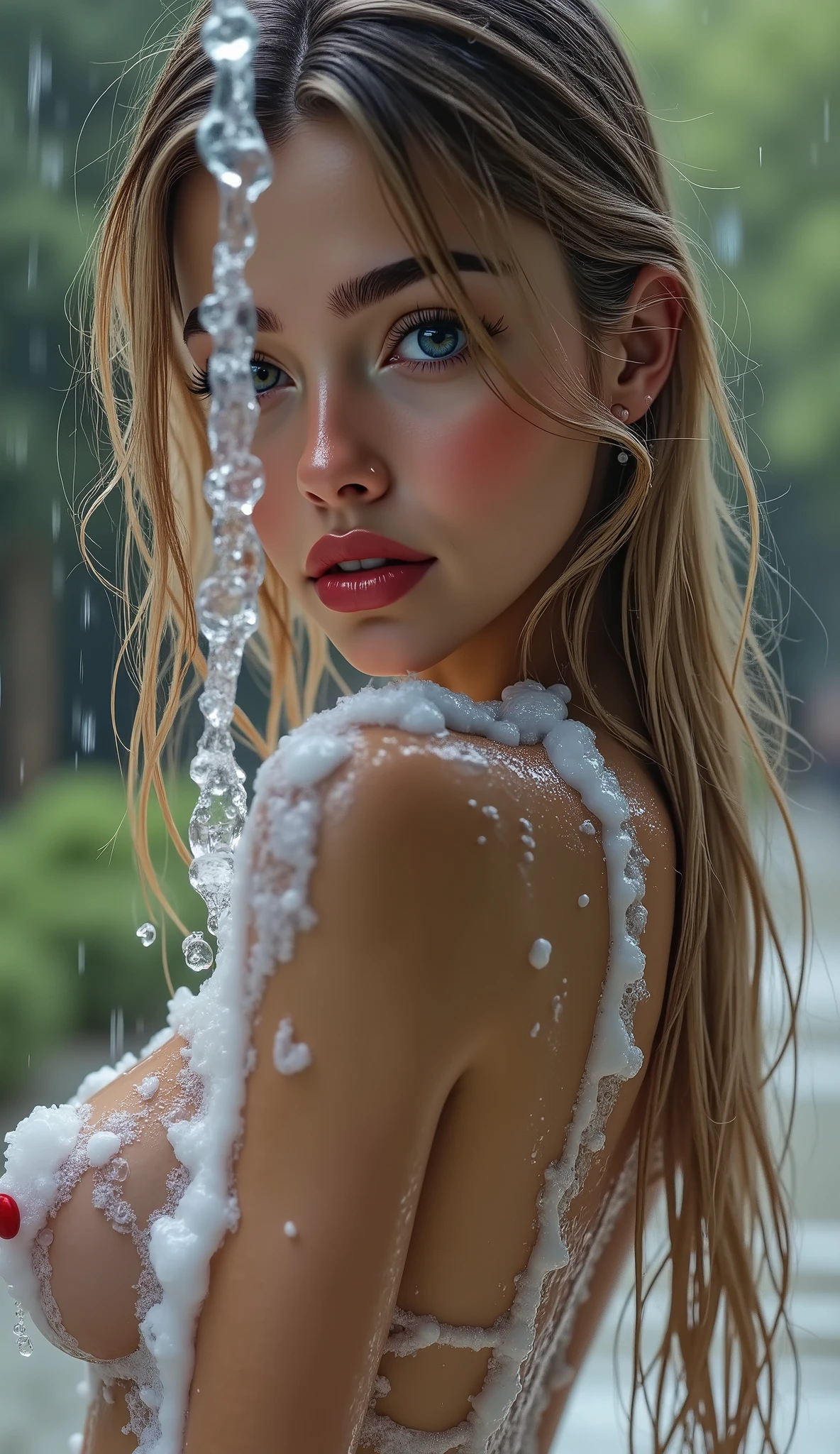  Realistic (photorealistic Realism), ((Ultra-realistic , ultra-high resolution)), ((Ultra-intricately detailed digital art)), professional photography, ((portrait)) a cute 1 Female, European, (ultra realistic texture details: velvety skin, hair), ((sharp focus, no blurr eyes, high resolution, absurd quality, Realistic brown_eyes:1.4),intricately detail:1.35),((extremely fine details eyes))((extra narrow eyebrows))(Carefully draw Long blue_eyelashes:1.2)(perfect round eyes:1.3).((finely detailed pupils:1.3))((extremely fine details pupils:1.3))((extremely fine details iris of the eyes:1.35))(Shining, mesmerizing, Vibrant eyes:1.22).(professional makeup:1.4)((perfect dark_eyeshadows:1.4)),detailed lips:1.3,(apply glossy red_lipstick:1.3)(pink_makeup:1.28), (beautiful little nose), (perfect proportions:1.2), (anatomically correct), perfect female body, (Very beautiful, detailed face :1.38)、((very detailed lips: 1.21)、(very detailed nose: 1.2)、((High Contrast))、((Erotic:1.6)), ((random expressions)), (firm and full breasts:1.35), (narrow waist:1.3), ((medium ass)), beautiful cheekbones, (slim belly: 1.3), ((well-muscled body:1.3)), (slim face), (professional lighting)、((water gushing from above:1.15)), "a walkway in the park in rainy weather (((She is all wet, [soaked wet hair], everything is wet and slippery from the pouring rain, water is running down her hair and her body is very, very wet:1.3))" [hands (gently arrange shiny, wet hair)], ((a thick layer of foam (flows down her body) foam with large bubbles in all her intimate places: 1.25))" (a thick layer of foam (flows down her body) foam with large bubbles in all her intimate places: 1.33), ((side shot)), ((shot from above:1.3)), ((body shot to knees:1.2))、