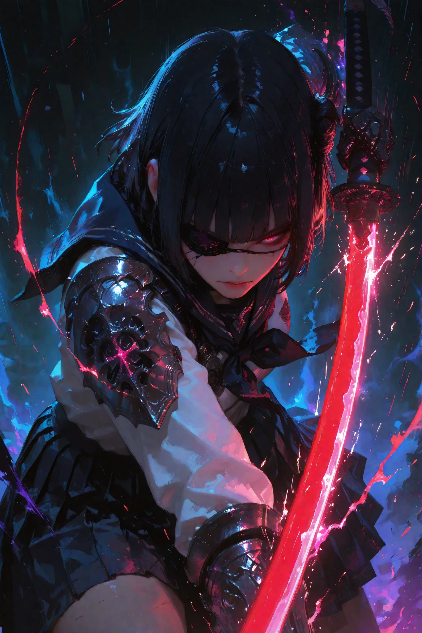 a beautiful high school girl, bob cut hairstyle, wearing an eyepatch, dressed in a school uniform combined with ornate armor, pleated skirt, slashing through glowing smoky vengeful spirits with her katana, dynamic action pose frozen in the moment of cutting, intense expression, motion lines and glowing energy sparks, surrounded by swirling glowing mist-like spirits being cleaved apart, illustrated, cinematic composition, dramatic lighting, soft shading, intricate details, highly detailed, masterpiece, best quality, clean lineart