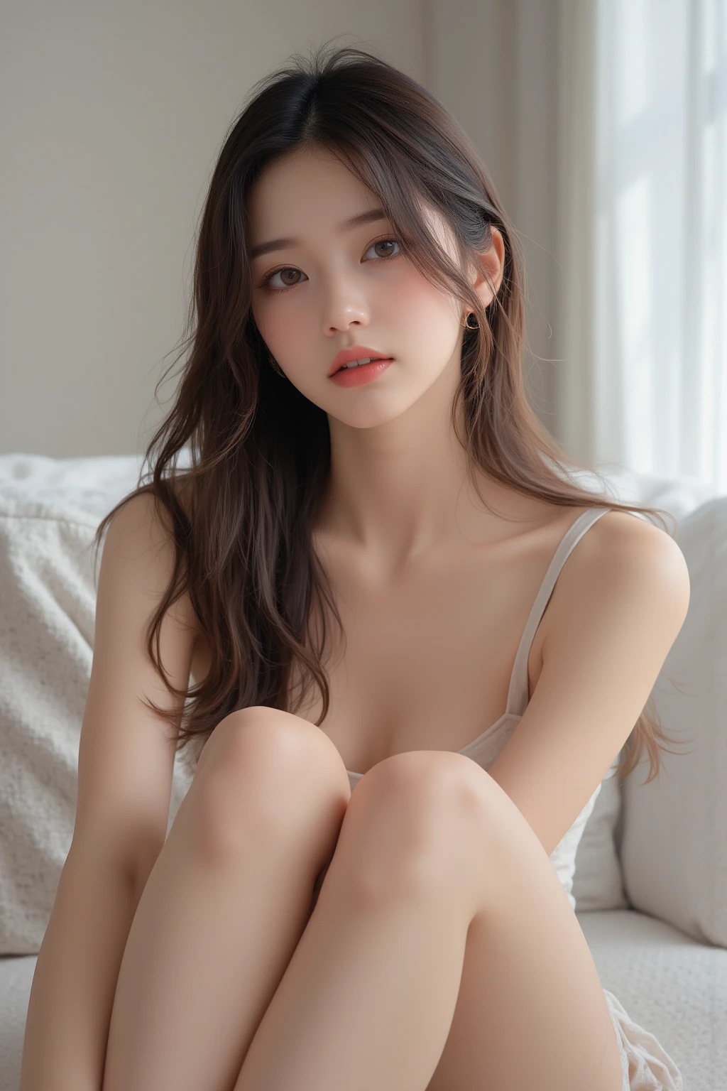 Masterpiece, Ultra-realistic quality, (1 girl), (Young woman), Chinese girl, (Mature face), face clean, Realistic face, (Perfect face), Delicate face, Fair skin, sitting in the couch, Long legs, (curly), Short hair, with hands resting on knees, Sling, No bra, glamorous, attractive, (average breasts) ,( exposed), No panties, (( Minola)),(has cleavage), Mini dress, (White skirt) HD quality, Realistic picture quality, Real Human, Long legs, Ultra HD rendering, Accurate, Textured skin, High detail, High quality, Very detailed, high resolution, 8K, Photo, Photography, ridiculous.