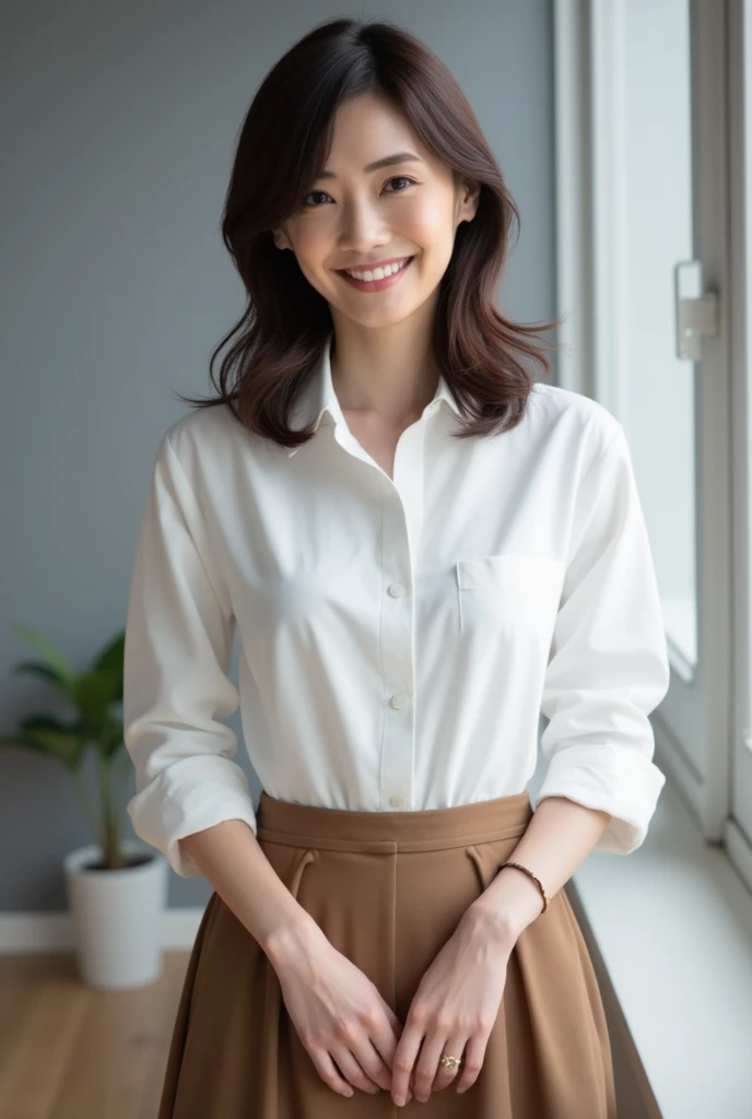 top-quality、​masterpiece、超A high resolution、(realisitic:1.4)、Beautuful Women１、Beautiful detail eyes and skin、smile、Light brown short-cut hair, She is Wearing a long shirt posing for a photo,  gorgeous chinese model, photo of slim girl model, IG-Modell, beautiful female model,  on the office, long shirt, long skirt