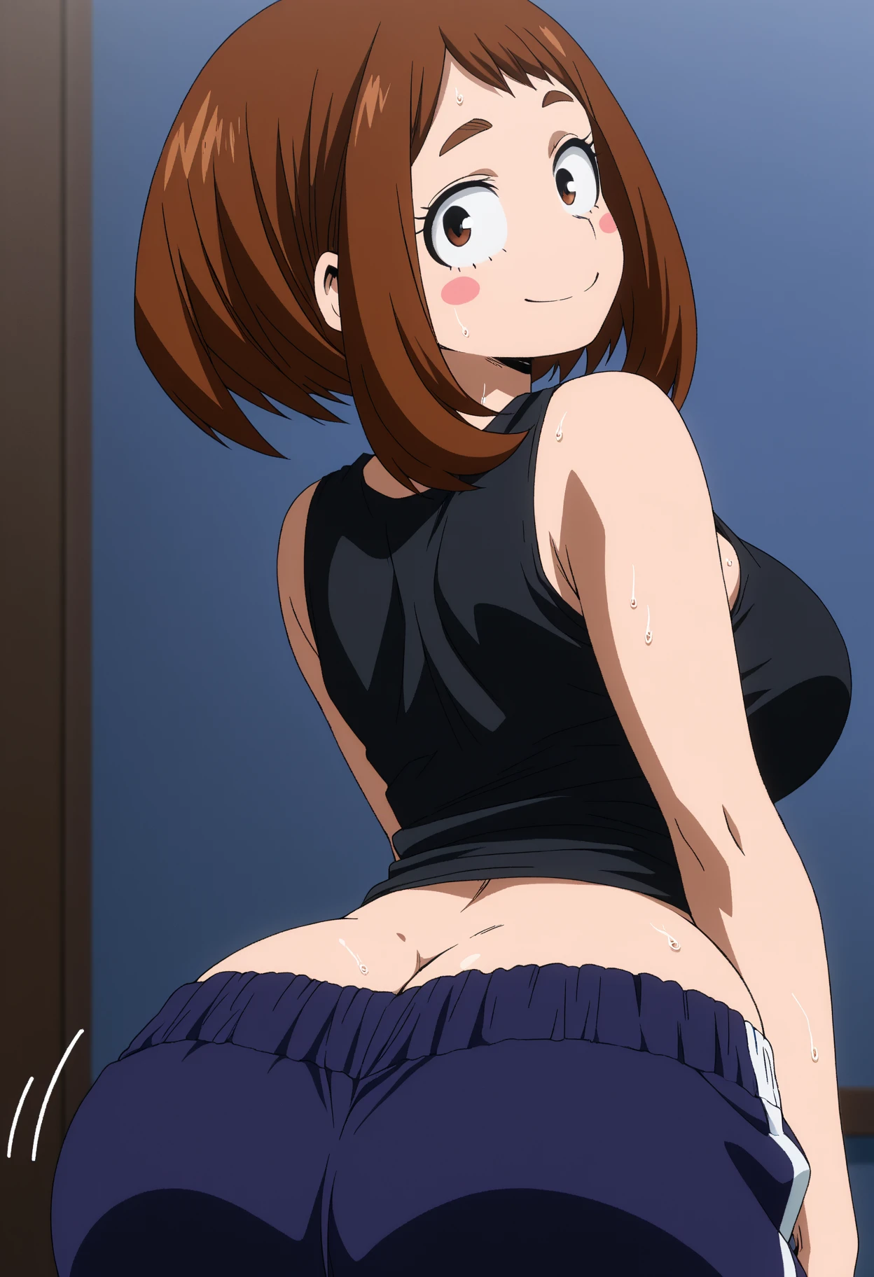 ochaco_uraraka, 1girl, porn poster, movie poster, bending over, ass facing camera, looking away from viewer, large ass, cum dripping out of ass, solo, blush_stickers, naked, boobs, butt, cleavage, large breast, lewd, nsfw, waifu, night, teeth, bedroom, indoors, blush, bending over