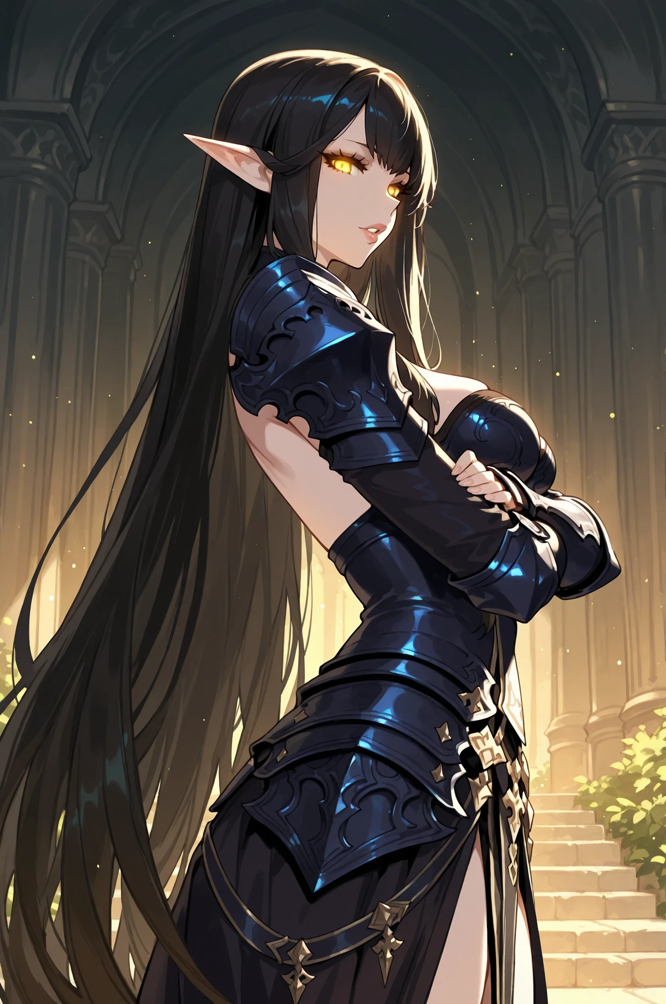 lazypos, 1girl, solo, looking at viewer, wideshot, from the side, standing, detailed eyes, looking at viewer, shadow, ligh particles, full lips, thick lips, Inspiring, arms crossed,
very long hair, black hair, yellow eyes, pointy ears, glowing eyes, medium breasts, Dark Knight FFXIV, greek garden background, Dark Knight armor FFXIV,