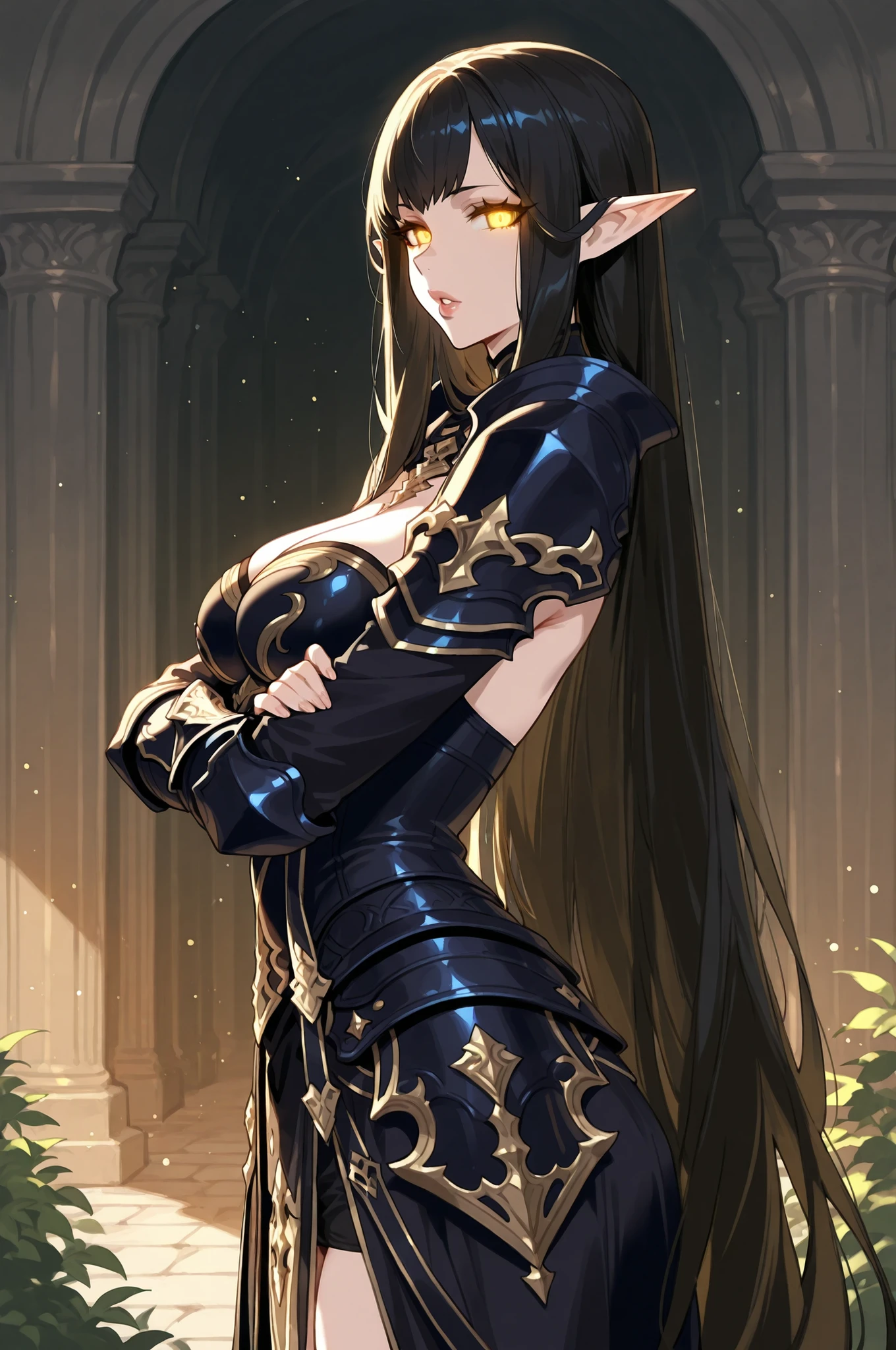 lazypos, 1girl, solo, looking at viewer, wideshot, from the side, standing, detailed eyes, looking at viewer, shadow, ligh particles, full lips, thick lips, Inspiring, arms crossed,
very long hair, black hair, yellow eyes, pointy ears, glowing eyes, medium breasts, Dark Knight FFXIV, greek garden background, Dark Knight armor FFXIV,