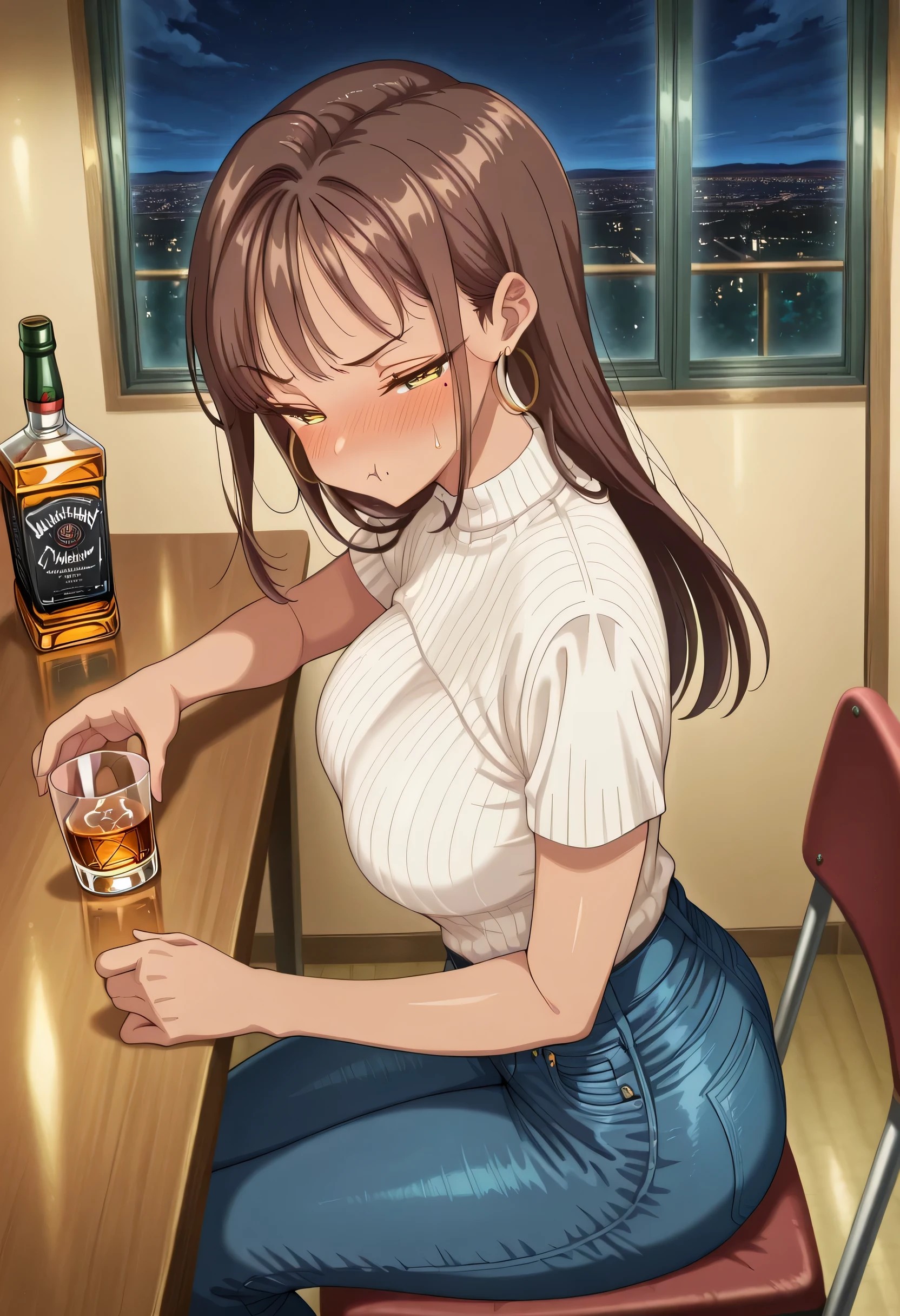 score_9 , score_8_up , score_7_source_anime detailed eyes,anime eyes,high detail eyes,multicolored iris,detailed iris,anime style, 4k masterpiece, best quality, girl, beautiful face, clean skin, shiny hair, shiny skin, beautiful face, perfect eyes, 4k high quality eyes, high quality brightness, best quality, 4k very aesthetic, absurd, perfect body quality, beautiful curves, perfect, perfect genitals, beautiful ambient light, beautiful aesthetics, very realistic scenery, 4k high quality, masterpiece, best quality, absurd, latest, high resolution, official art, best quality, absurd, latest, high resolution, official art, screenshot, anime screenshot, anime coloring, amazing quality 4k, 1girl, nikukoji, long hair, brown hair, yellow eyes, large breasts, dark-skinned female, hoop earrings, mole under eye, mole under mouth, large breasts, sweat,shiny hair, <lora:drunk-pouting-illustriousxl-lora-nochekaiser:1>, drunk pouting, solo, looking at viewer, blush, shirt, holding, closed mouth, jewelry, sitting, white shirt, short sleeves, sky, pants, indoors, from side, sweater, cup, window, night, chair, table, bottle, denim, holding cup, night sky, drinking glass, alcohol, jeans, blue pants, :t, pout, whiskey, half-closed eyes,