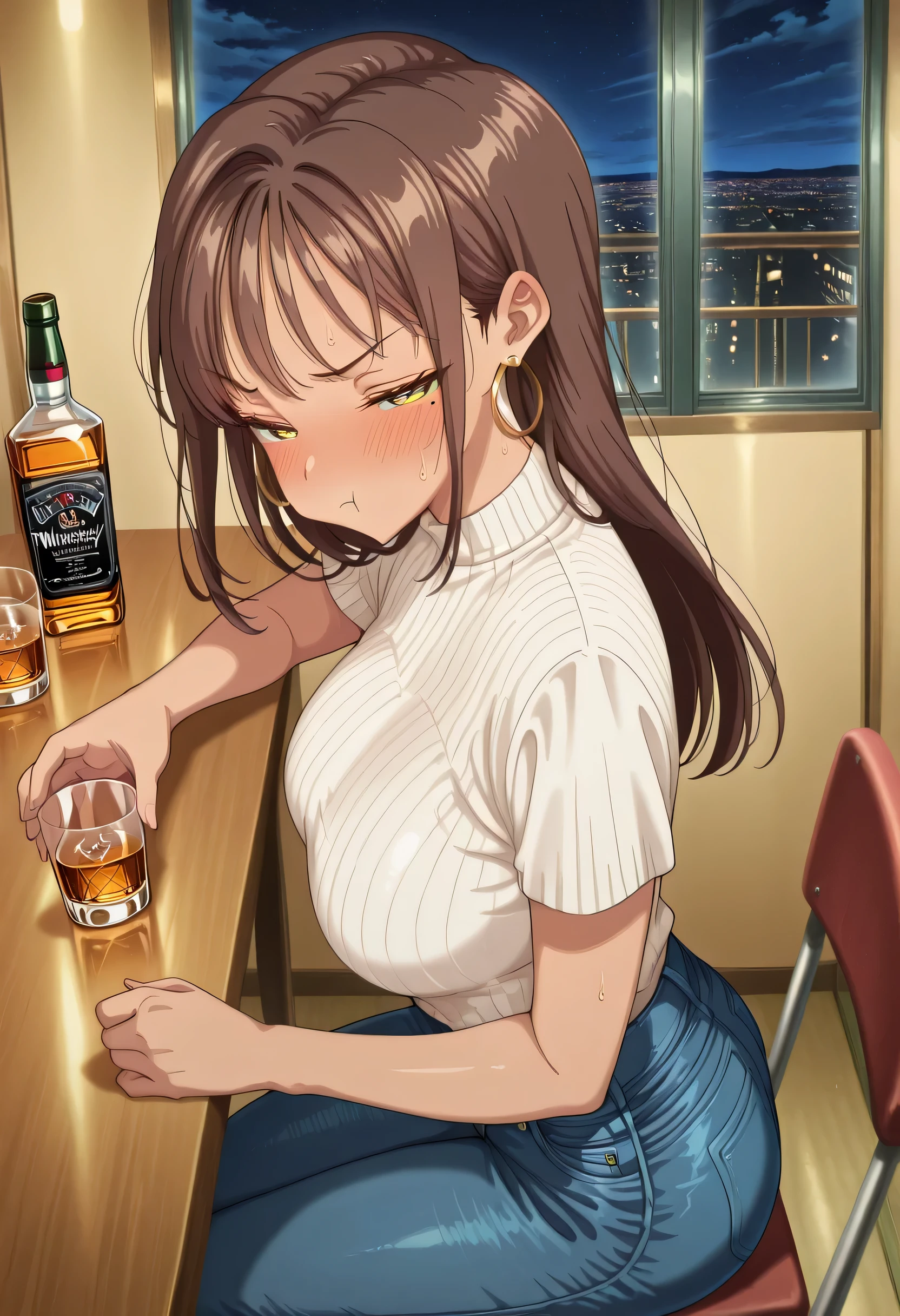 score_9 , score_8_up , score_7_source_anime detailed eyes,anime eyes,high detail eyes,multicolored iris,detailed iris,anime style, 4k masterpiece, best quality, girl, beautiful face, clean skin, shiny hair, shiny skin, beautiful face, perfect eyes, 4k high quality eyes, high quality brightness, best quality, 4k very aesthetic, absurd, perfect body quality, beautiful curves, perfect, perfect genitals, beautiful ambient light, beautiful aesthetics, very realistic scenery, 4k high quality, masterpiece, best quality, absurd, latest, high resolution, official art, best quality, absurd, latest, high resolution, official art, screenshot, anime screenshot, anime coloring, amazing quality 4k, 1girl, nikukoji, long hair, brown hair, yellow eyes, large breasts, dark-skinned female, hoop earrings, mole under eye, mole under mouth, large breasts, sweat,shiny hair, <lora:drunk-pouting-illustriousxl-lora-nochekaiser:1>, drunk pouting, solo, looking at viewer, blush, shirt, holding, closed mouth, jewelry, sitting, white shirt, short sleeves, sky, pants, indoors, from side, sweater, cup, window, night, chair, table, bottle, denim, holding cup, night sky, drinking glass, alcohol, jeans, blue pants, :t, pout, whiskey, half-closed eyes,