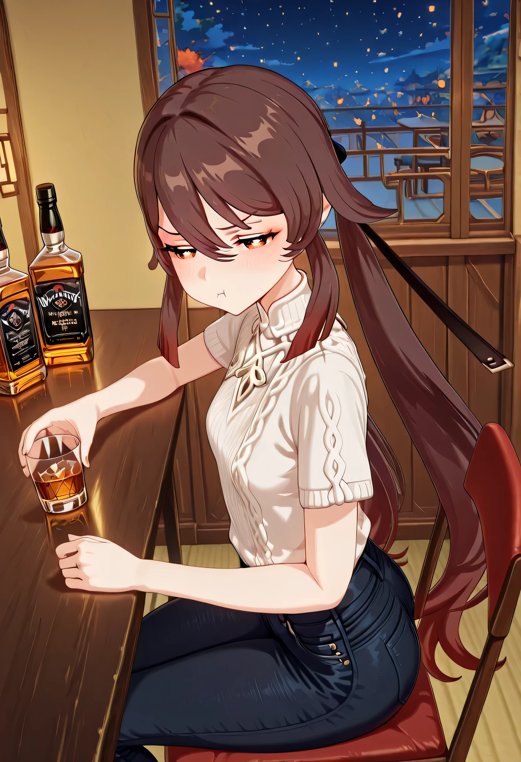 score_9 , score_8_up , score_7_source_anime detailed eyes,anime eyes,high detail eyes,multicolored iris,detailed iris,anime style, 4k masterpiece, best quality, girl, beautiful face, clean skin, shiny hair, shiny skin, beautiful face, perfect eyes, 4k high quality eyes, high quality brightness, best quality, 4k very aesthetic, absurd, perfect body quality, beautiful curves, perfect, perfect genitals, beautiful ambient light, beautiful aesthetics, very realistic scenery, 4k high quality, masterpiece, best quality, absurd, latest, high resolution, official art, best quality, absurd, latest, high resolution, official art, screenshot, anime screenshot, anime coloring, amazing quality 4k, 1girl, hutao, hu tao (genshin impact), long hair, bangs, brown hair, red eyes, hair between eyes, twintails, sidelocks, symbol-shaped pupils, mature female, small breasts, 3d, <lora:drunk-pouting-illustriousxl-lora-nochekaiser:1>, drunk pouting, solo, looking at viewer, blush, shirt, holding, closed mouth, jewelry, sitting, white shirt, short sleeves, sky, pants, indoors, from side, sweater, cup, window, night, chair, table, bottle, denim, holding cup, night sky, drinking glass, alcohol, jeans, blue pants, :t, pout, whiskey, half-closed eyes,
