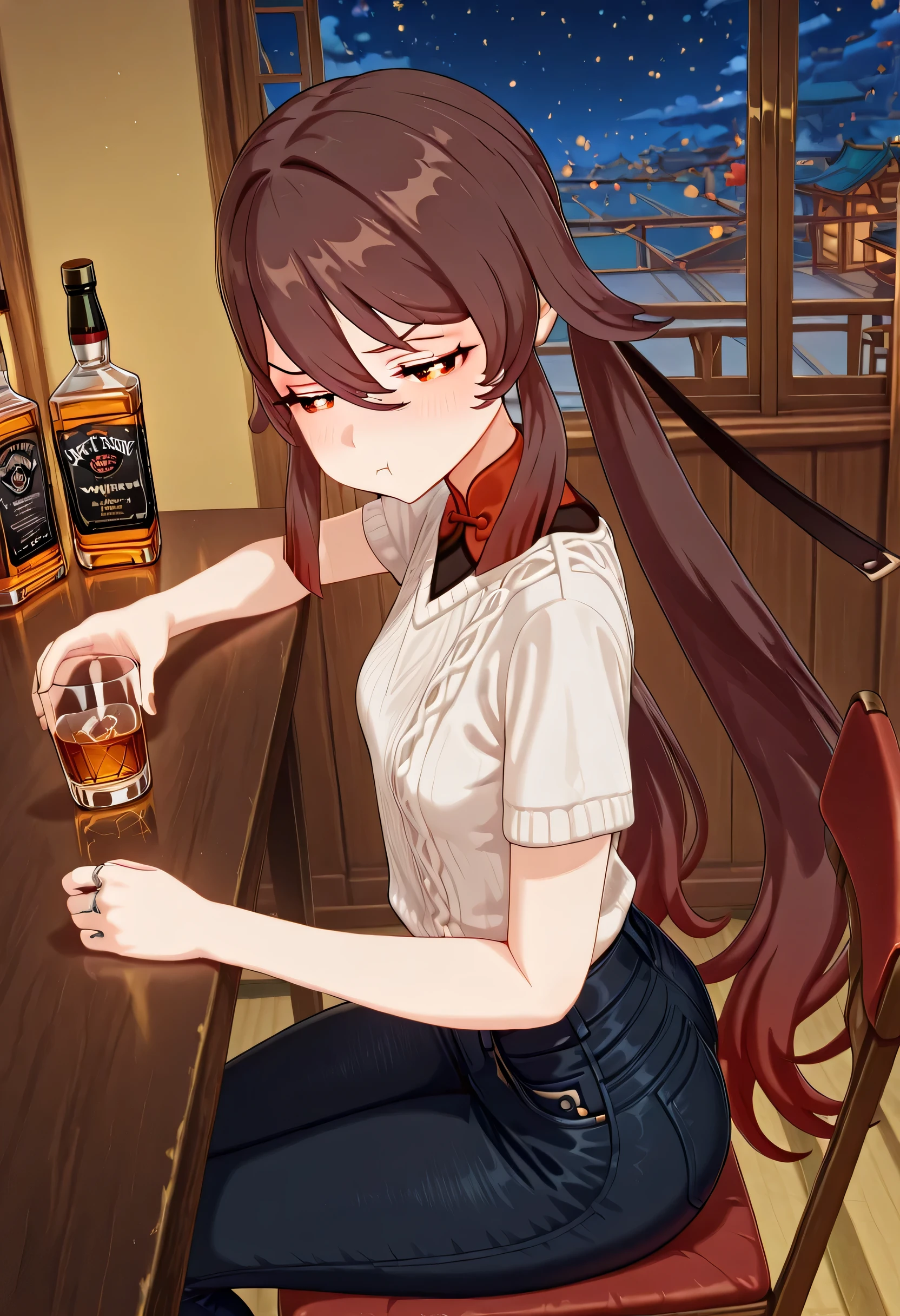 score_9 , score_8_up , score_7_source_anime detailed eyes,anime eyes,high detail eyes,multicolored iris,detailed iris,anime style, 4k masterpiece, best quality, girl, beautiful face, clean skin, shiny hair, shiny skin, beautiful face, perfect eyes, 4k high quality eyes, high quality brightness, best quality, 4k very aesthetic, absurd, perfect body quality, beautiful curves, perfect, perfect genitals, beautiful ambient light, beautiful aesthetics, very realistic scenery, 4k high quality, masterpiece, best quality, absurd, latest, high resolution, official art, best quality, absurd, latest, high resolution, official art, screenshot, anime screenshot, anime coloring, amazing quality 4k, 1girl, hutao, hu tao (genshin impact), long hair, bangs, brown hair, red eyes, hair between eyes, twintails, sidelocks, symbol-shaped pupils, mature female, small breasts, 3d, <lora:drunk-pouting-illustriousxl-lora-nochekaiser:1>, drunk pouting, solo, looking at viewer, blush, shirt, holding, closed mouth, jewelry, sitting, white shirt, short sleeves, sky, pants, indoors, from side, sweater, cup, window, night, chair, table, bottle, denim, holding cup, night sky, drinking glass, alcohol, jeans, blue pants, :t, pout, whiskey, half-closed eyes,