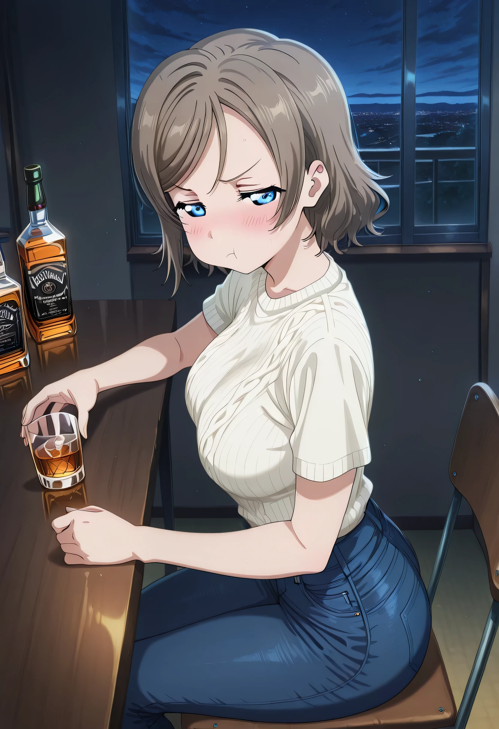score_9 , score_8_up , score_7_source_anime detailed eyes,anime eyes,high detail eyes,multicolored iris,detailed iris,anime style, 4k masterpiece, best quality, girl, beautiful face, clean skin, shiny hair, shiny skin, beautiful face, perfect eyes, 4k high quality eyes, high quality brightness, best quality, 4k very aesthetic, absurd, perfect body quality, beautiful curves, perfect, perfect genitals, beautiful ambient light, beautiful aesthetics, very realistic scenery, 4k high quality, masterpiece, best quality, absurd, latest, high resolution, official art, best quality, absurd, latest, high resolution, official art, screenshot, anime screenshot, anime coloring, amazing quality 4k, 1girl, you watanabe, watanabe you, blue eyes, brown hair, short hair, swept bangs, mature female, large breasts, <lora:drunk-pouting-illustriousxl-lora-nochekaiser:1>, drunk pouting, solo, looking at viewer, blush, shirt, holding, closed mouth, jewelry, sitting, white shirt, short sleeves, sky, pants, indoors, from side, sweater, cup, window, night, chair, table, bottle, denim, holding cup, night sky, drinking glass, alcohol, jeans, blue pants, :t, pout, whiskey, half-closed eyes,